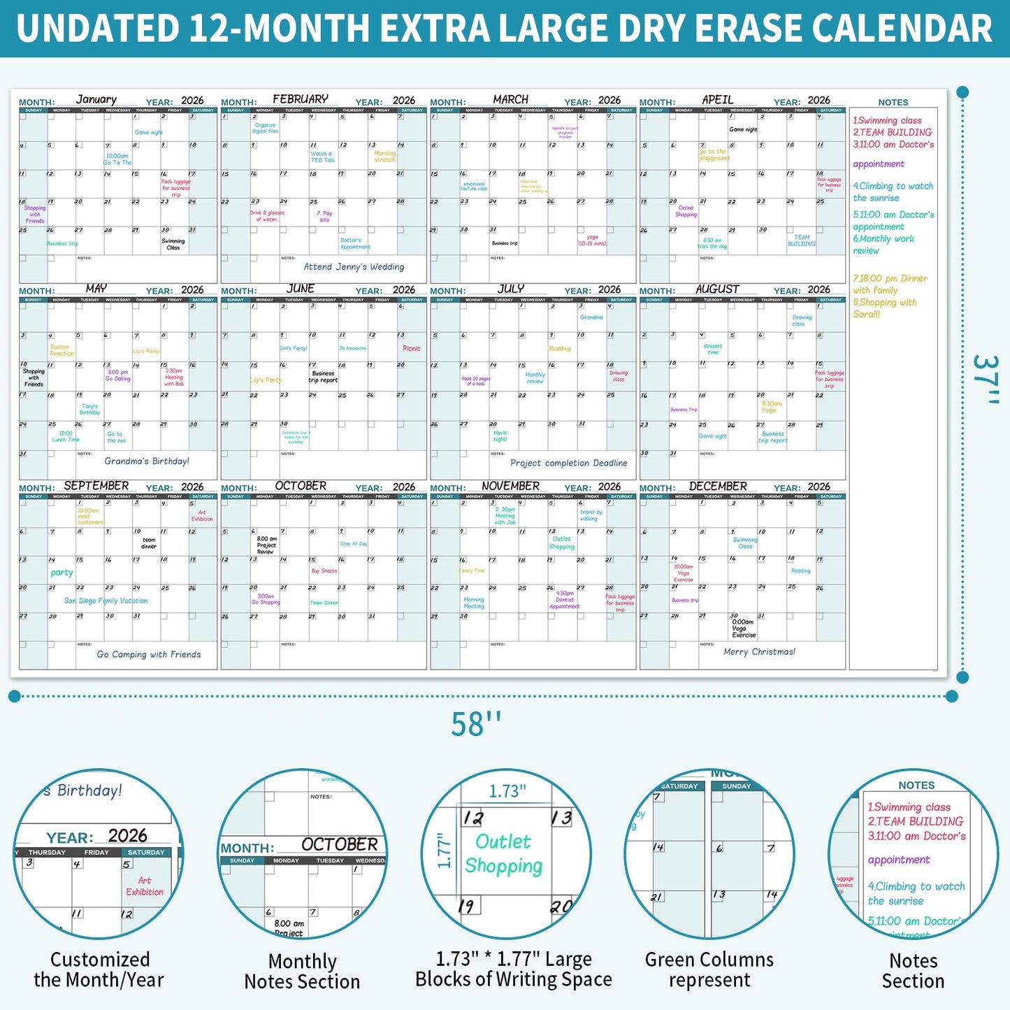 Large Dry Erase Calendar for Wall – Yearly Wall Calendar Dry Erase, 58" x 37", 12-Month Undated Blank Calendar Planner, Reusable Laminated with 15 Round Stickers, Perfect Large Wall Calendar for Office, Home and Classroom