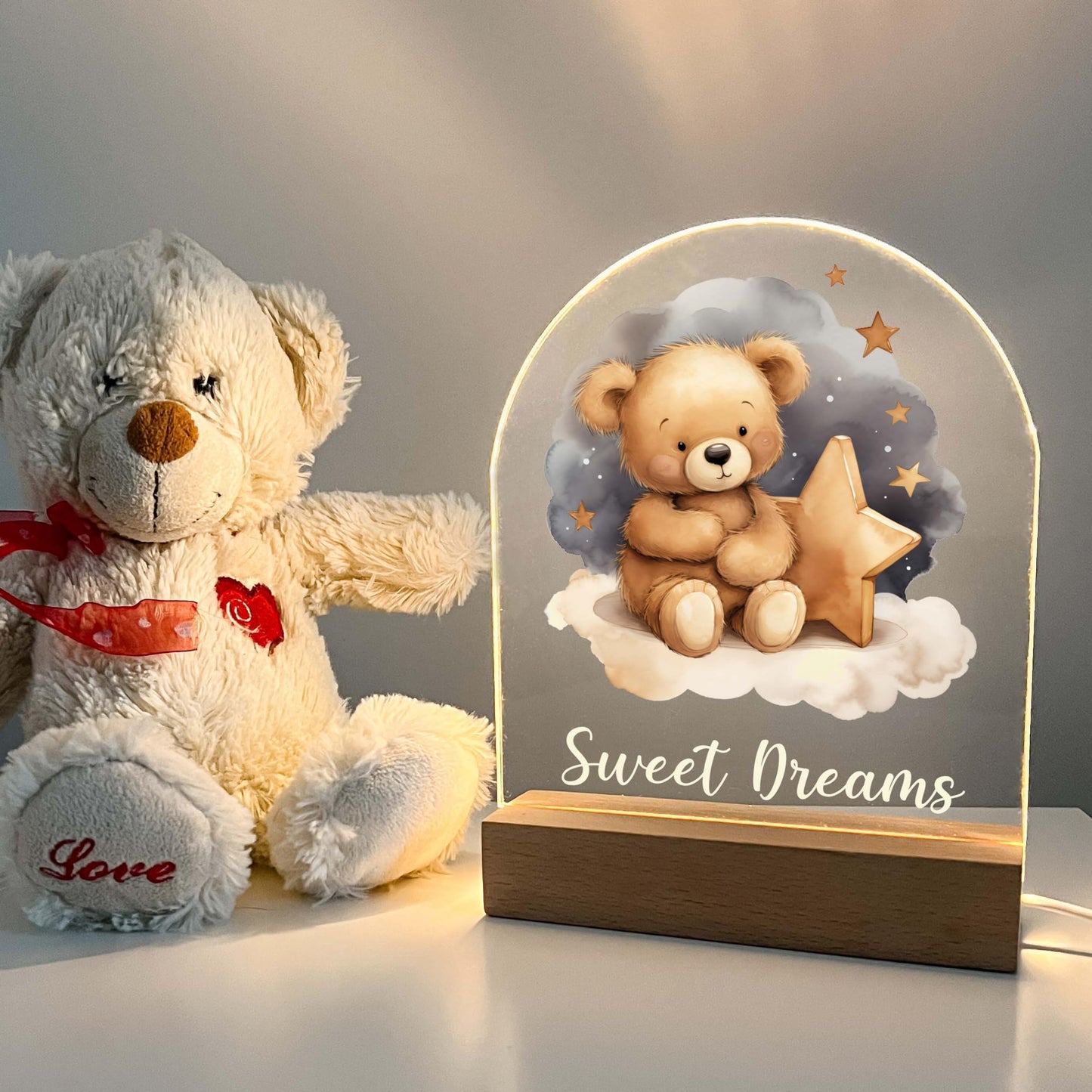 Teddy Bear Frame Night Light Up Table Wood Base LED Desk Stand Plaque Nursery Decor Sweet Dreams Night Light Kids Baby Toddler Children Cute Bear Lamp Custom Christmas/Birthday Gift - Made in America