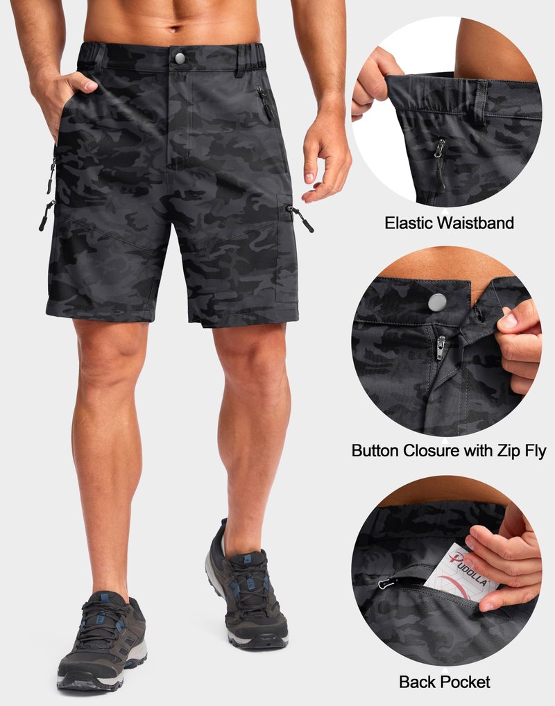 Pudolla Men's Hiking Cargo Shorts Lightweight 7" Travel Casual Shorts for Men Golf Work Outdoor with 5 Zipper Pockets(Black Camo Large)