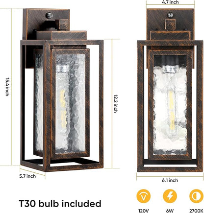 Dusk to Dawn Outdoor Wall Lantern, Water Ripple Exterior Porch Light Fixture Black Gold, 2 Pack Sensor Outside Lantern Lamp, Porch Mount Lamp for Doorway, Waterproof Wall Sconce Light (Bulb Included)