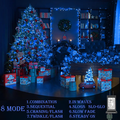 Decute Christmas String Lights Waterproof 300LED 105FT UL Certified with End-to-End Plug 8 Modes, Outdoor Indoor Starry Fairy Lights for Christmas Tree Patio Garden Wedding Party Decor Blue