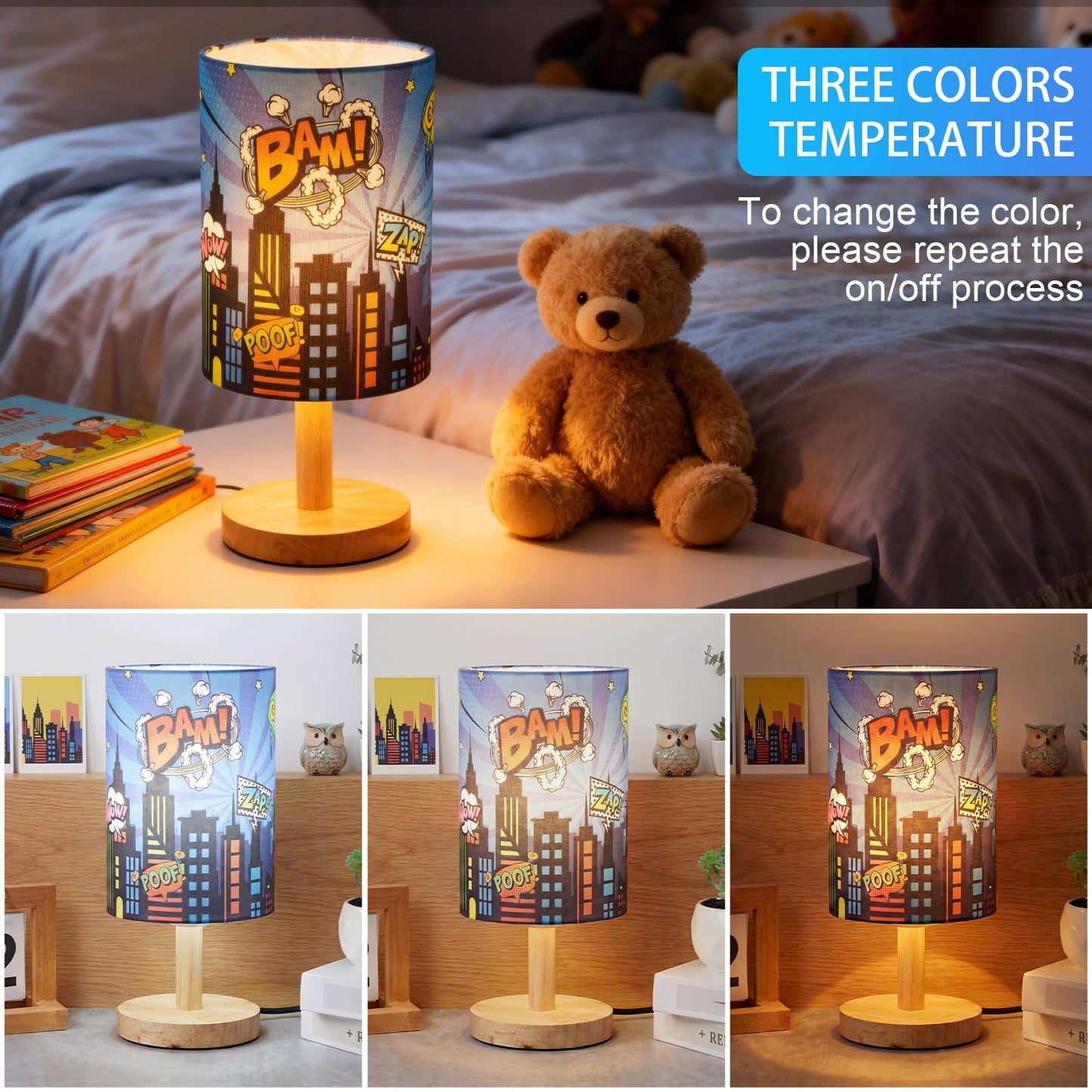 Tujoe Hero Lamp Bedside Desk for Bedroom Kids Lamp Fabric Nightstand Table Lamps Decor Bam Bang for Boys Girl Kids Reading Living Room Home Office Christmas Gift