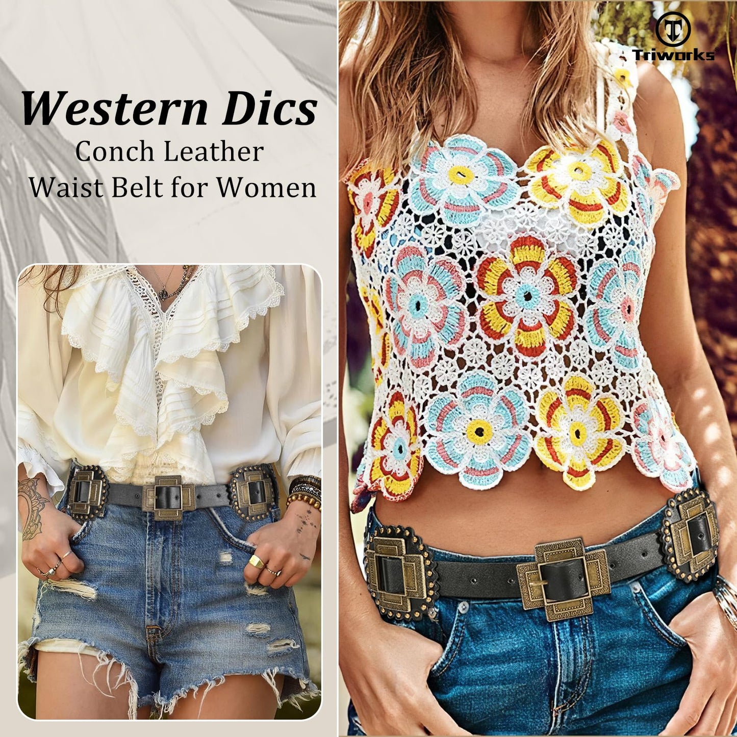 TRIWORKS Women Western Concho Leather Belt Cowgirl Boho Belt Chunky for Dresses Concert Festival