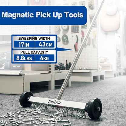 Toolwiz Magnetic Pick Up Sweeper 17-inch Heavy Duty Magnet Pickup Lawn Sweeper Roofing Tools, 8.8 Lbs Yard Tools with Smooth Wheels to Clean Nails for Construction