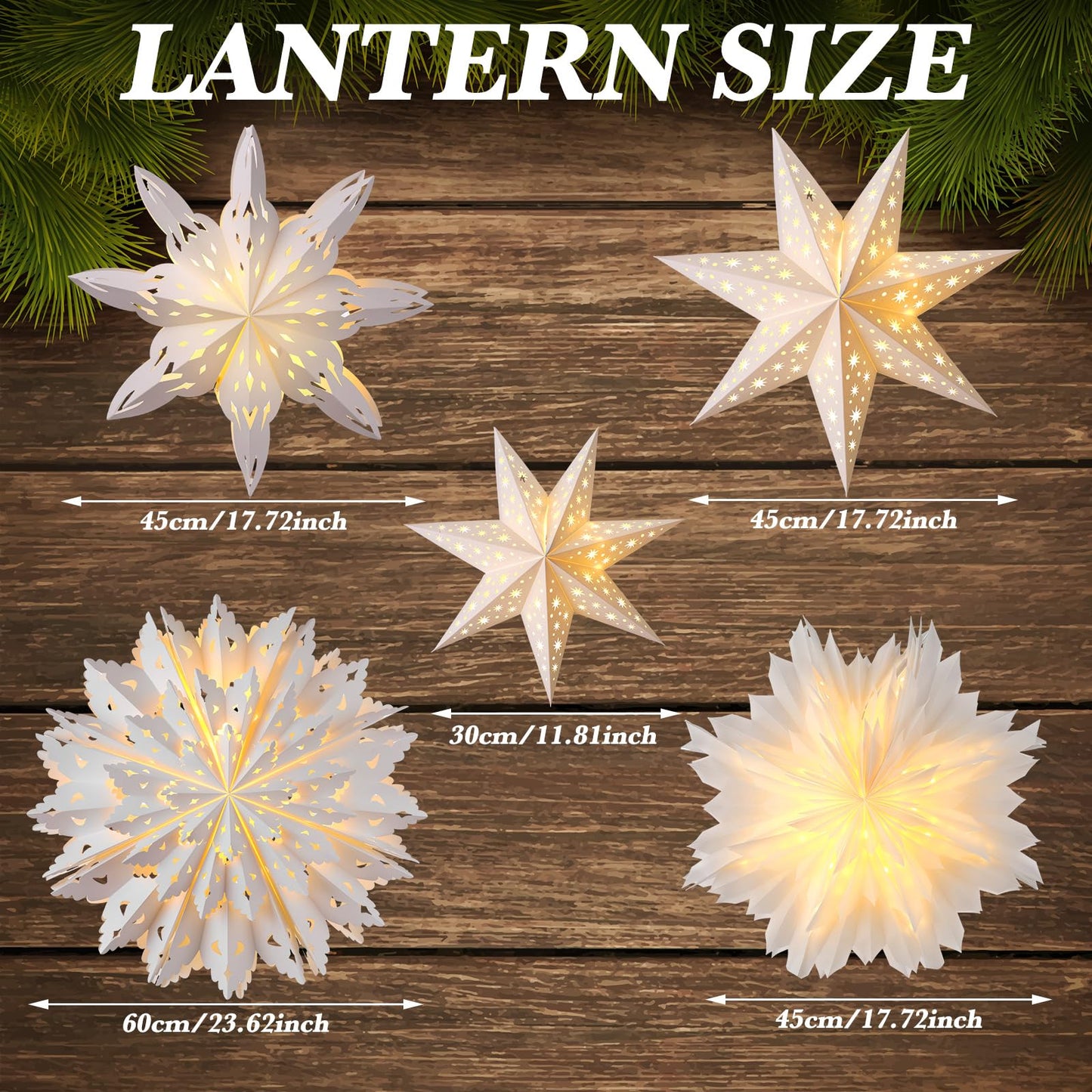 Watersay 6 Pack Christmas in July Snowflake Paper Lantern Summer Christmas Star Paper Lanterns with 6 LED Light White Hanging Lamp Ornaments for Xmas Weddings Birthday Party Decoration(Stylish Style)