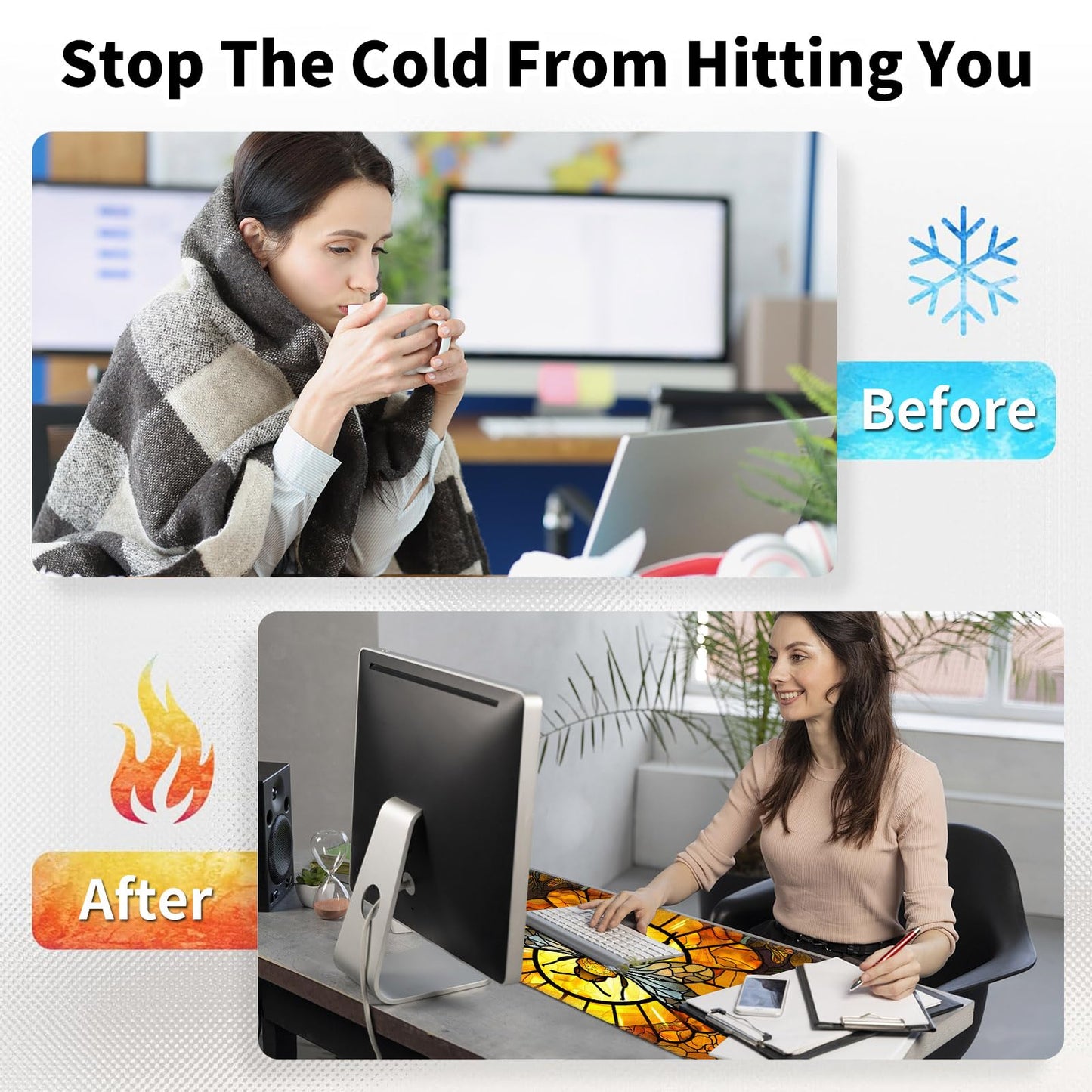 BREIDMKFM Warm Desk Pad,Heated Desk Pad Mouse Mat Gaming,with 3 Heating Levels & 3 Hours Auto Shut-Off,Leather 31.5" x 13" Foot Warmer Keyboard Office Mat,Cute Bee Floral
