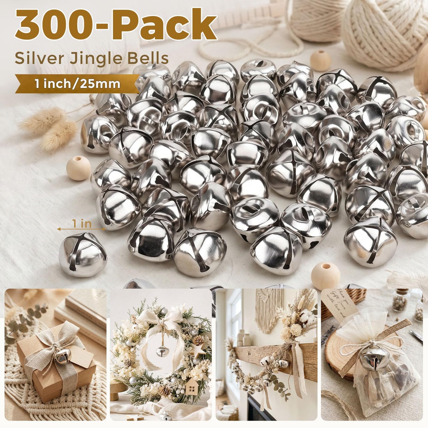 MCPINKY 300PCS Jingle Bells Bulk, 1 Inch Craft Bells for DIY Crafting, Christmas Holiday Home Decoration, Silver
