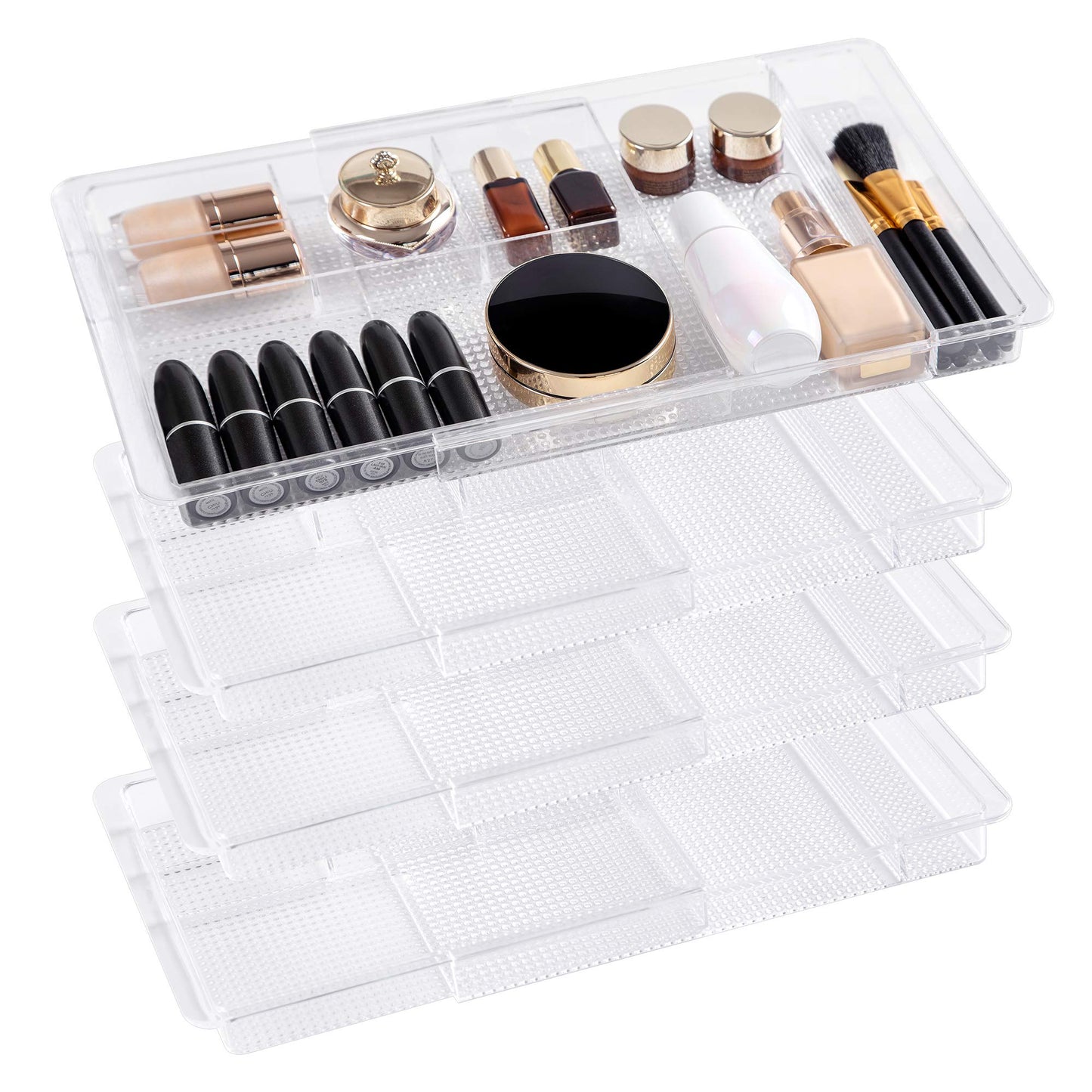 Oubonun Expandable Drawer Organizer 11.1” to 19.2” Width, Shallow Cosmetic Organizer 1.3” Height, 4 Packs, Clear Plastic Storage Trays for Dressing Table,Bathroom