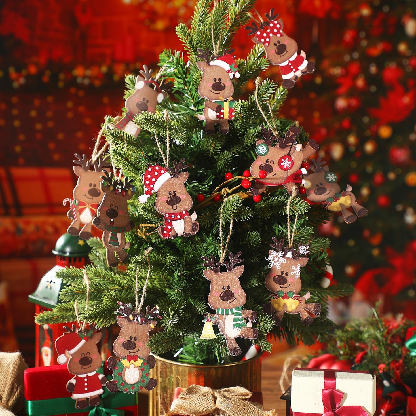 Barydat 36 Pcs Christmas Reindeer Ornaments for Tree Wooden Reindeer Christmas Hanging Decoration Set for Xmas Winter Tree Hanging Crafts Holiday Decor Xmas Party Supplies