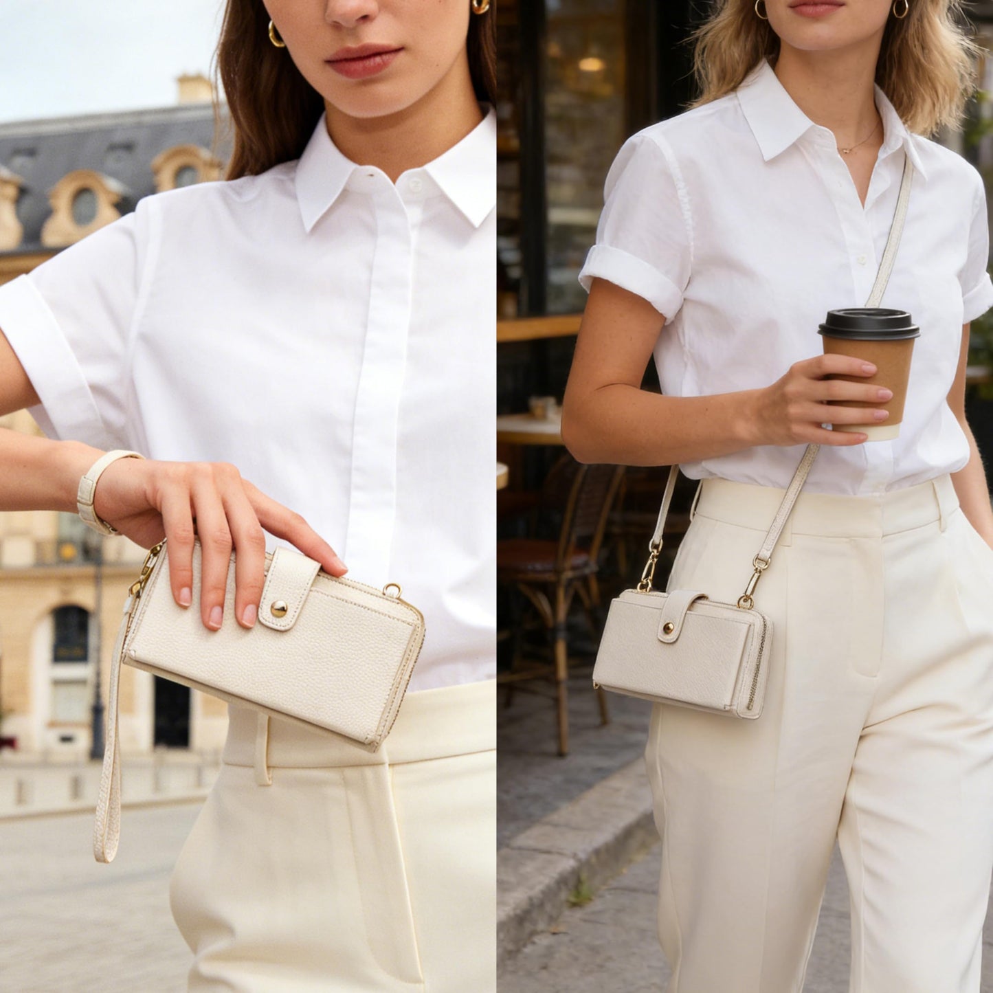 DORIS&JACKY Small Crossbody Cellphone Bags for Women, Mini Leather Wristlet Wallet Clutch Purse With Two Detachable Straps (2-White)