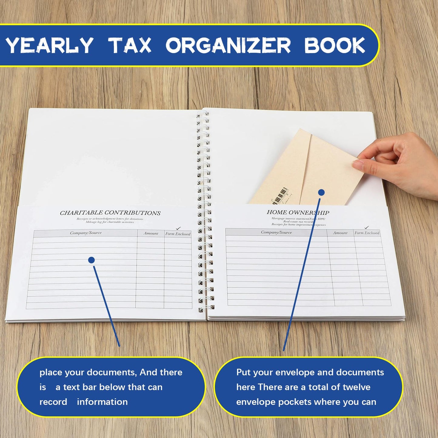 Faccito 2 Pack Yearly Tax Organizer 13" x 9.7" Tax Record Organizer with 12 Pockets Spiral Bound Income Folders Monthly Bill Receipt for Home Office Taxes