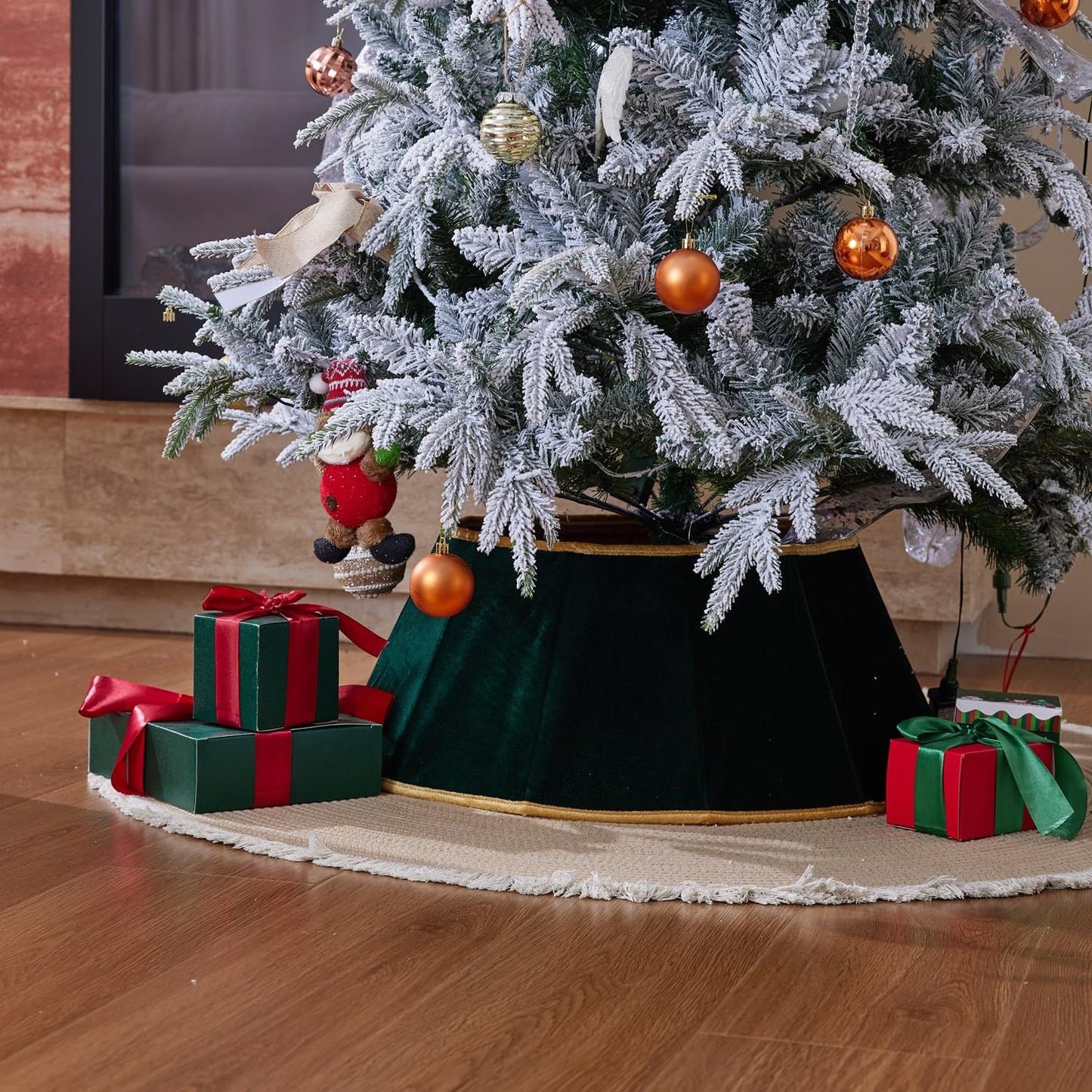 ONGLYP Christmas Tree Collar,25.5'' Velvet Christmas Tree Skirt Foldable Xmas Tree Stand Base Cover,Easy Set Up Tree Collar for Artificial Trees Holiday Home Decoration (Dark Green)