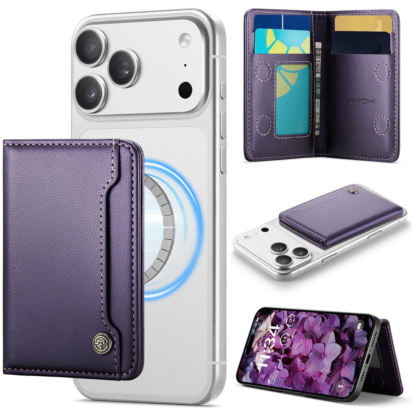 Vinich for MagSafe Wallet Magnetic RFID Blocking Card Holder Compatible with MagSafe Phones and Cases, Strong Magnet Minimalist Phone Wallet for iPhone 17/16/15/14/13/12/ Pro/Max/Plus, Purple