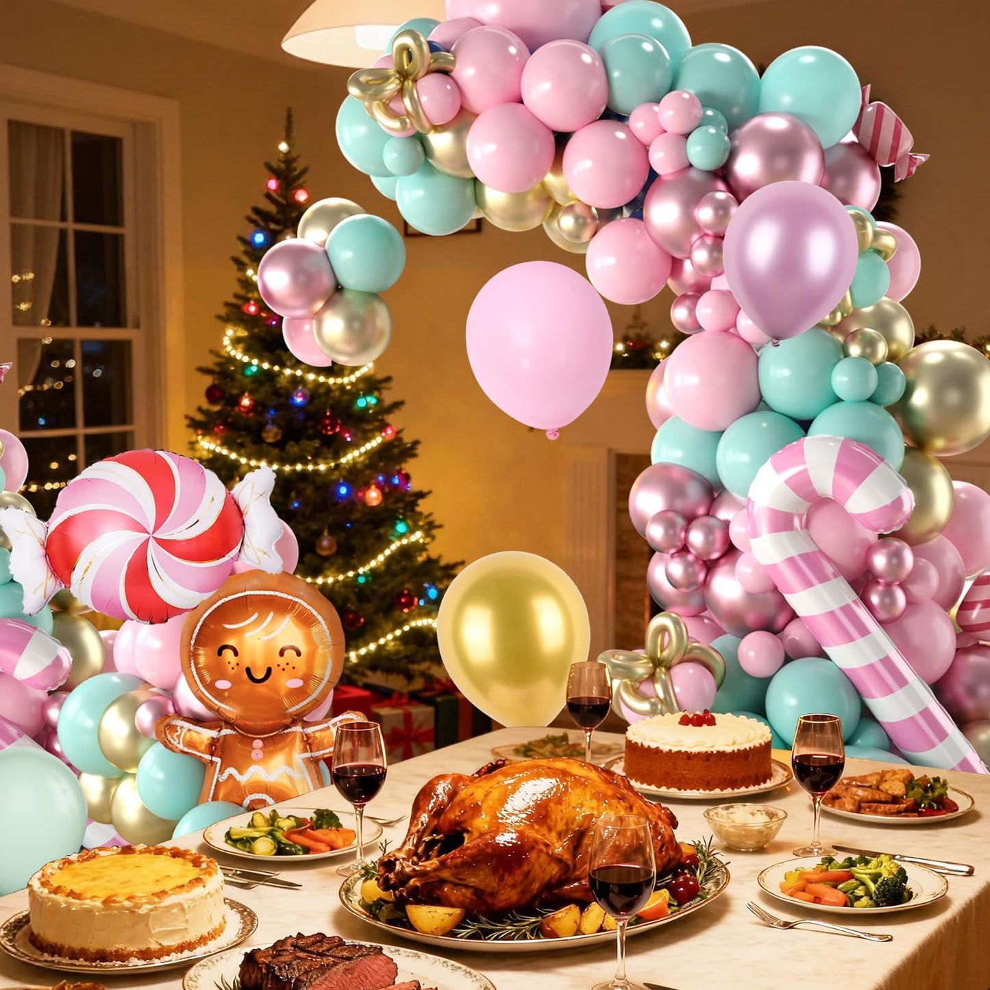 Christmas Balloons Arch Kit, 125 PCS Maca Pink Green Christmas Balloons, Gingerbread Balloon Garland with Candy Cane & Gingerbread Foil Balloon Decorations for Party