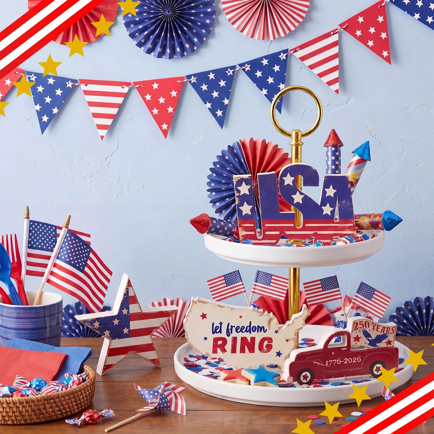 SiliFine 4 Pcs 250th Anniversary Table Decorations 4th of July Wooden Tabletop Centerpieces, Patriotic Star Car USA Tabletop Sign Red White Blue Table Topper for Independence Day