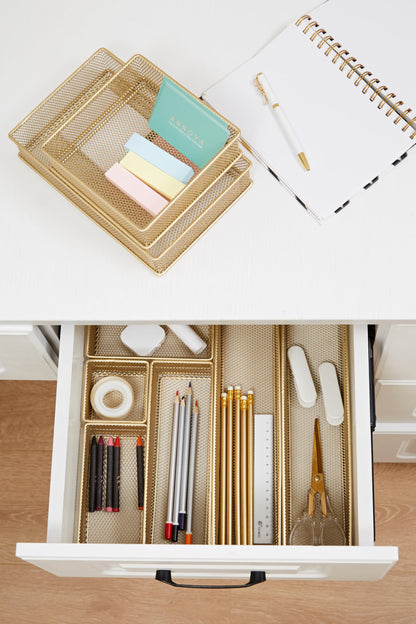 Annova Mesh Stackable Drawer Cabinet and Shelf Organizer Bins Storage Basket School Office Supply Holder Tray- Set of 2 (Gold, 6x9x2 Inch)