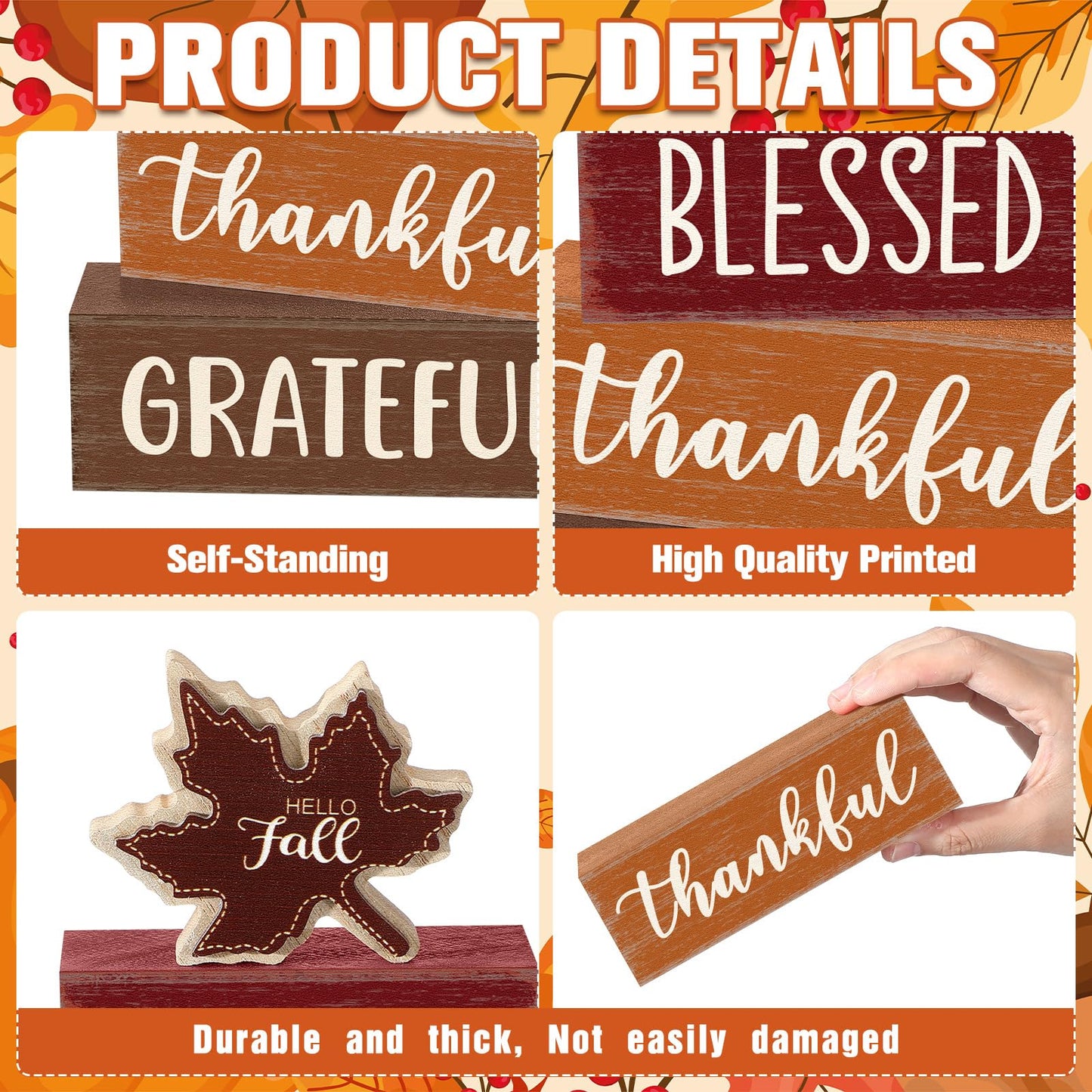 Yousoontic 4 Pcs Hello Fall Wooden Table Decorations Maple Leaf Autumn Rustic Block Signs Centerpiece Tiered Tray Decor Thanksgiving Wood Farmhouse Tabletop Decor Gift for Kitchen Entryway Home Desk