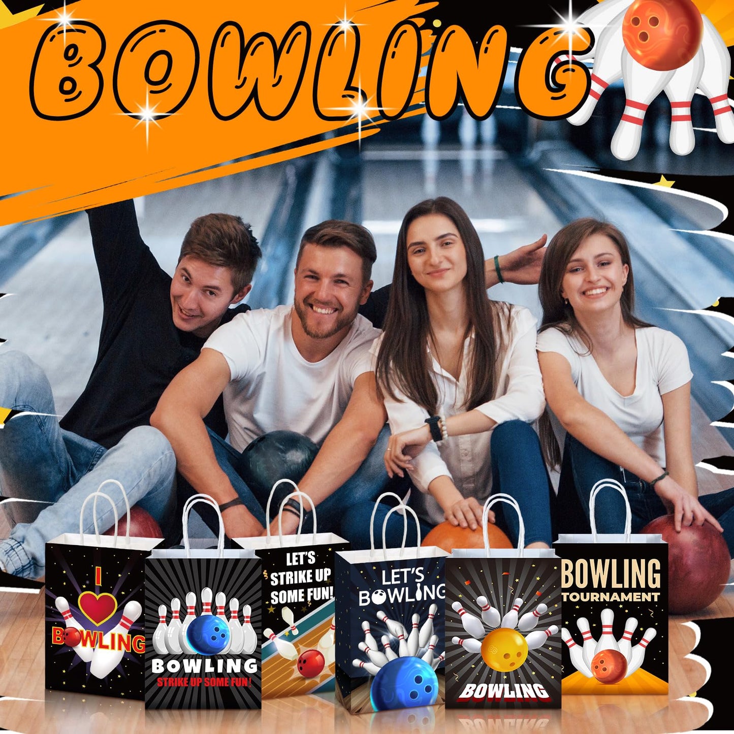 Kolldenn 24 Pcs Bowling Party Favors Bags Bowling Ball Goodie Gift Paper Bags with Handles Sport Candy Treat Pouch for Ball Birthday Party Decorations Supplies