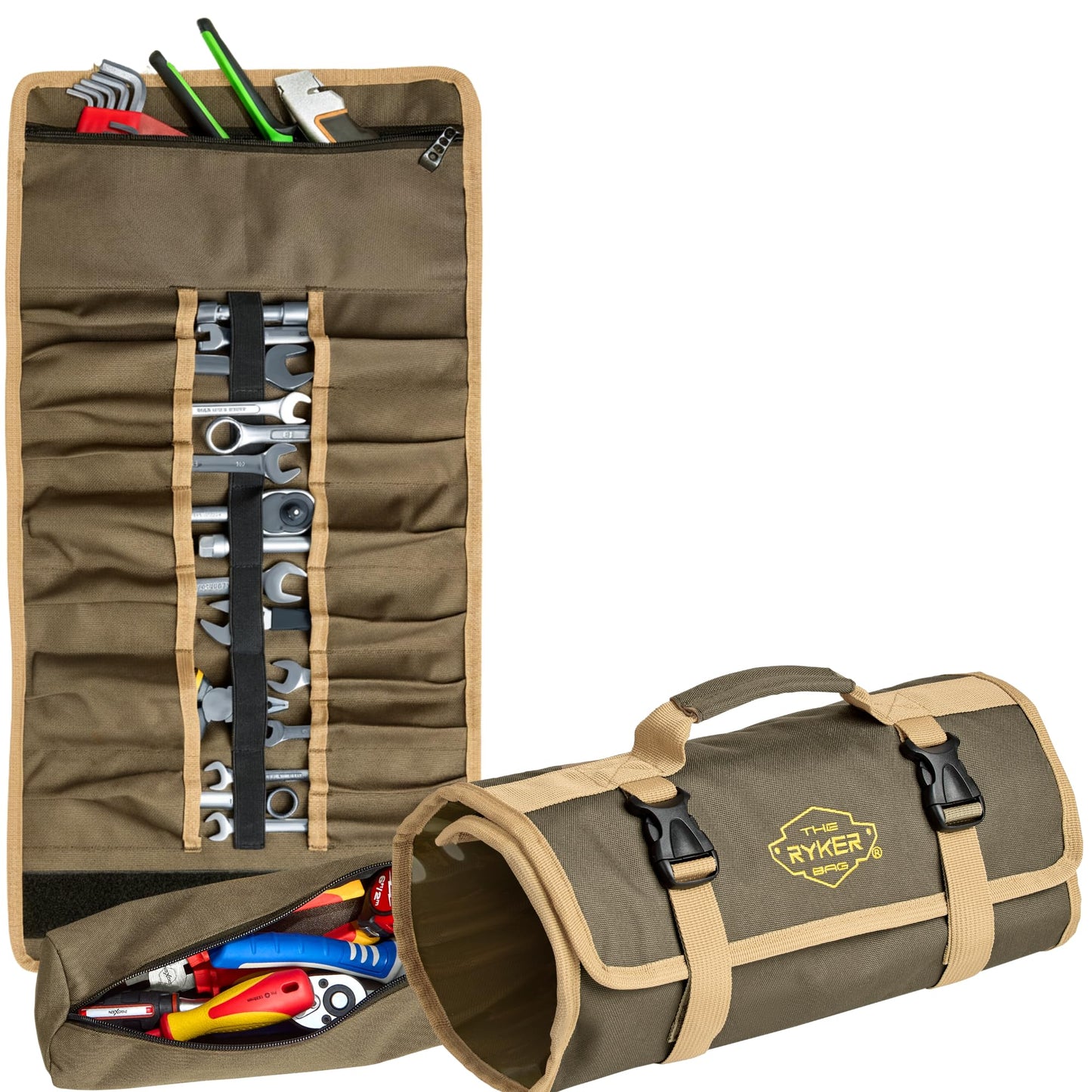 The Ryker Bag Wrench Roll Up Heavy-Duty Canvas Tool Organizer, Tool Roll Organizer Gifts for Dad Roll-Up Tool Bag w/Multiple Pockets for Wrenches, Sockets & Hand Tools for Mechanics & Electricians