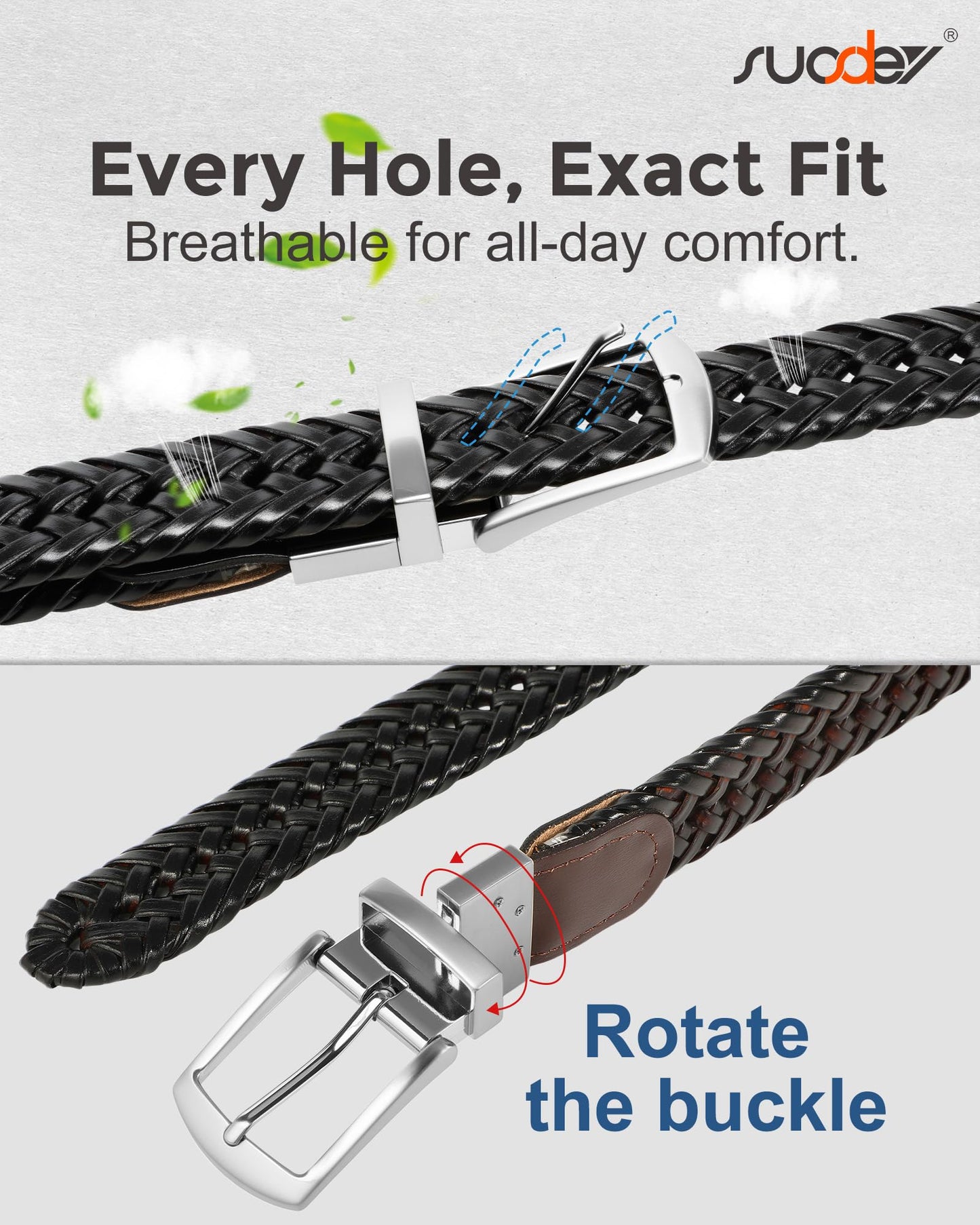 SUOSDEY Braided Genuine Black Leather Belt for Men, 1.2" Width Men’s Casual Woven Leather Belt for Jeans Pants
