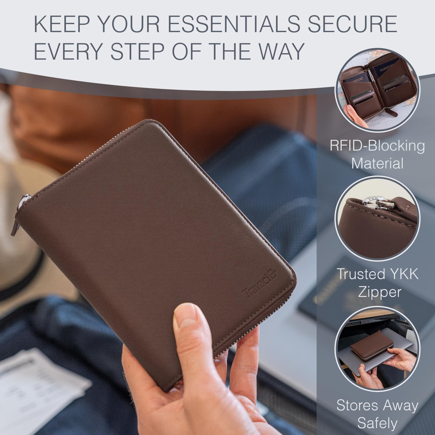 Travaci Full Grain Leather Passport Holder for 2 Passports - Dual Passport Holder and Travel Documents Organizer - RFID Travel Wallet for Couples - Dark Brown