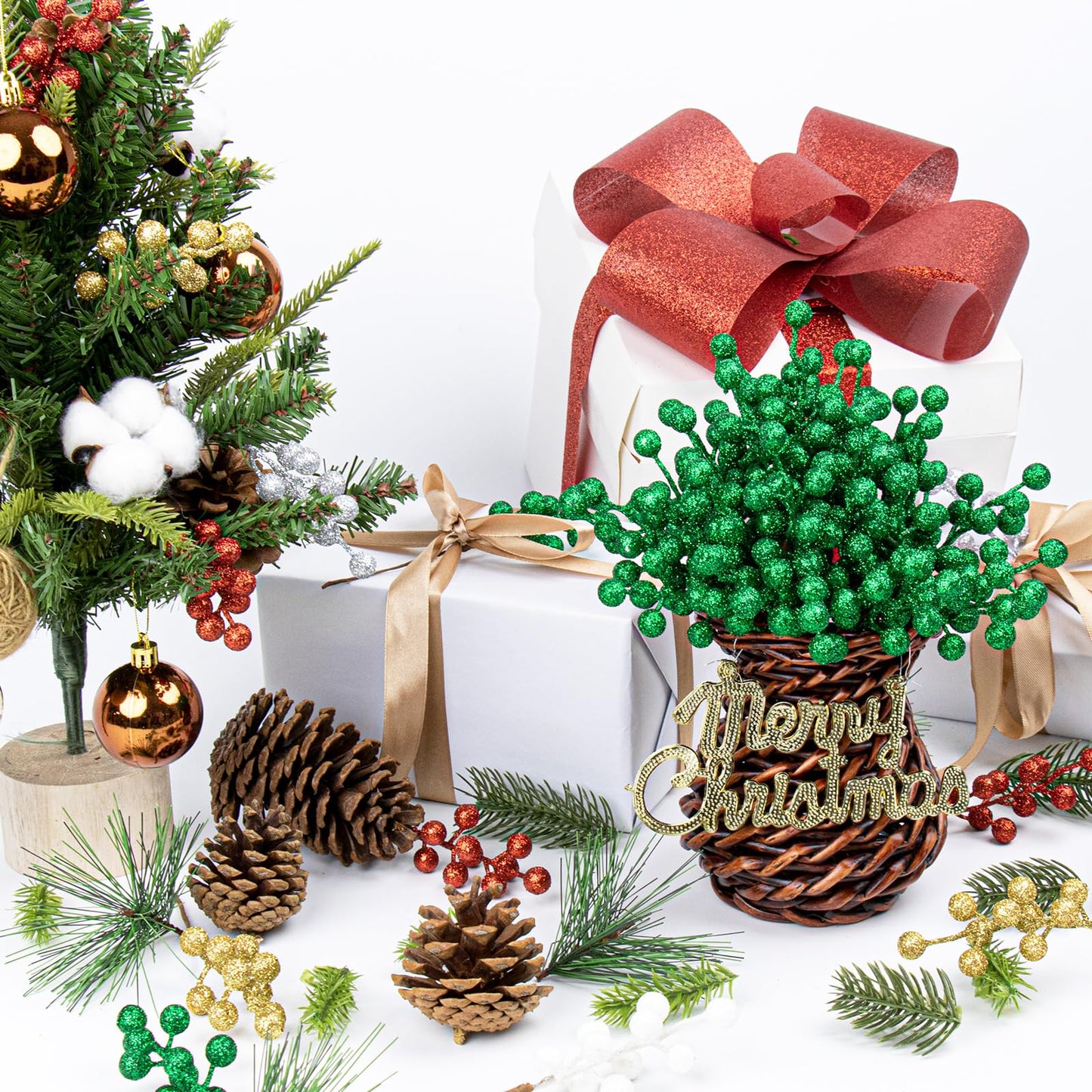VioletEverGarden 32 Pack Glitter Christmas Picks 6.5 Inch Christmas Berry Stems Green Artificial Berry Stems for Holiday Xmas Tree Home Decorations