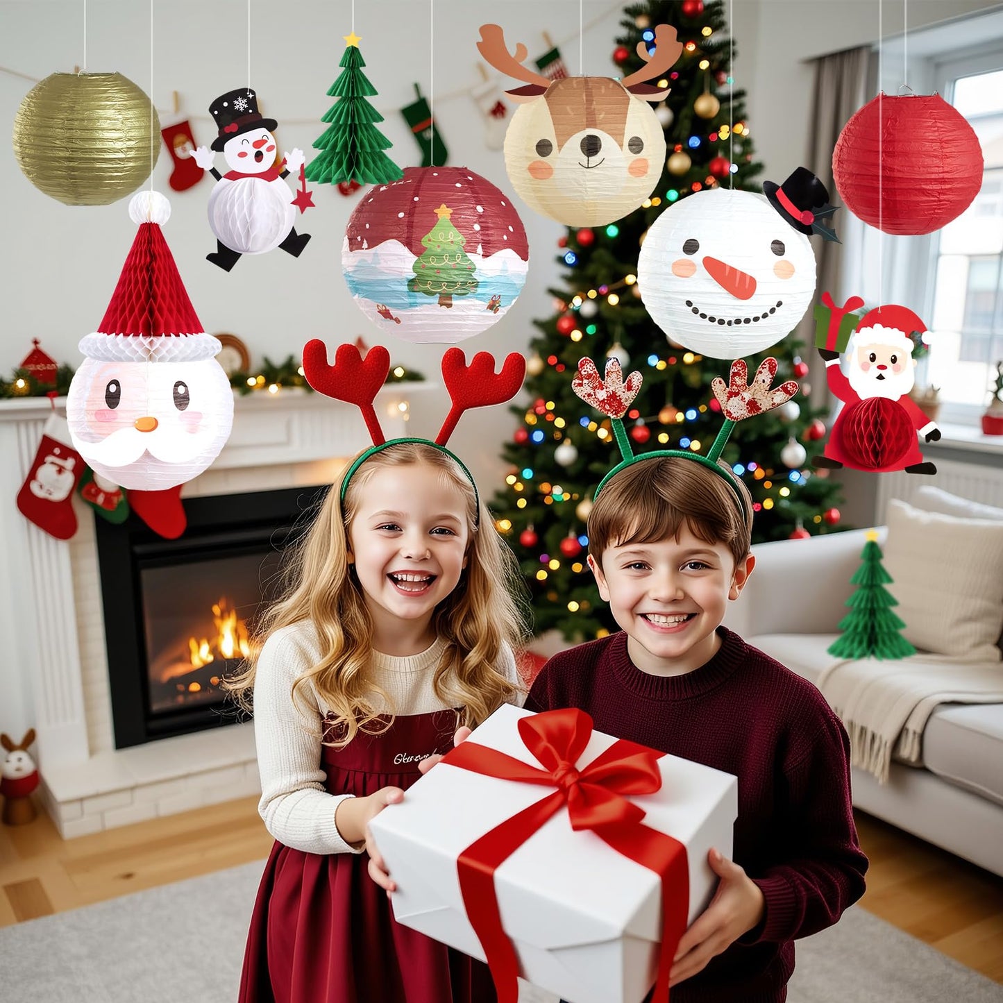OBBOLO Christmas Hanging Paper Lanterns and Honeycomb Set, 11 PCS Santa Snowman Reindeer Theme Lanterns and Paper Christmas Tree Honeycombs, Holiday Ceiling Party Decorations for Home, Classroom