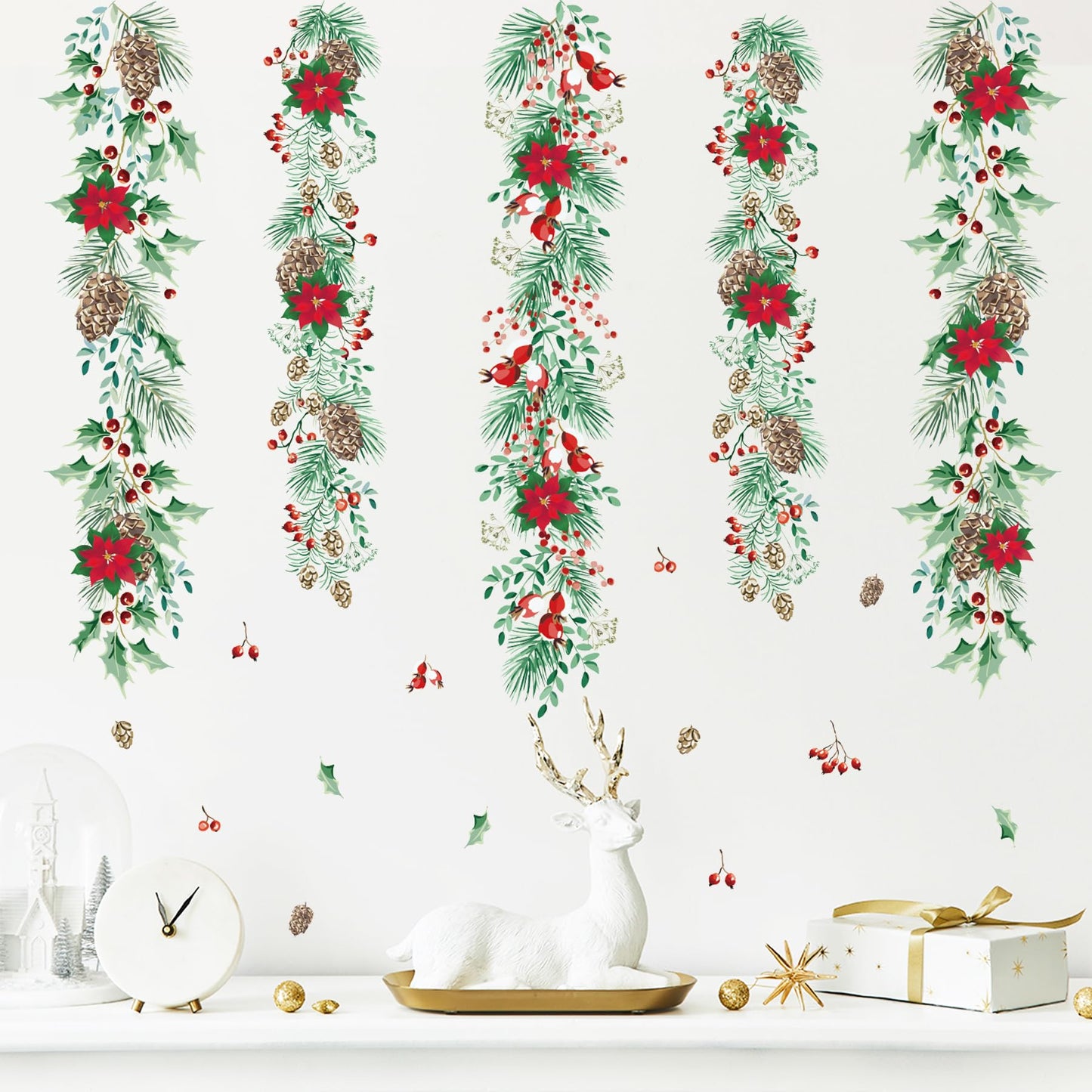 Christmas Garlands Wall Stickers Christmas Pine Cones Red Berry Vine Wall Decals Hanging Poinsettia Green Leaves Flower Window Decals for Xmas Winter Party Home Office Classroom Festival Decoration