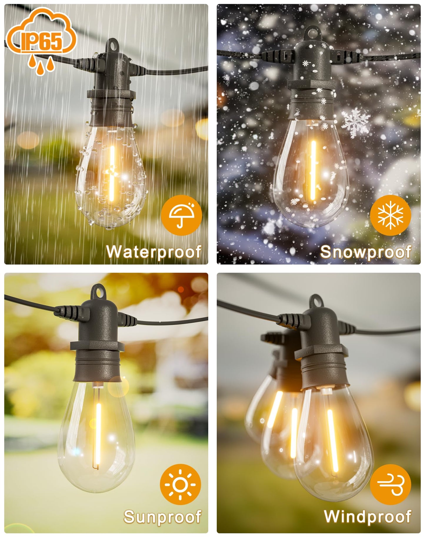 Jerritte 60FT LED Outdoor String Lights with 16+1 Edison Shatterproof IP65 Waterproof Bulbs, 2700K Dimmable Commercial Grade Patio Lights for Garden, Porch, Deck Decor