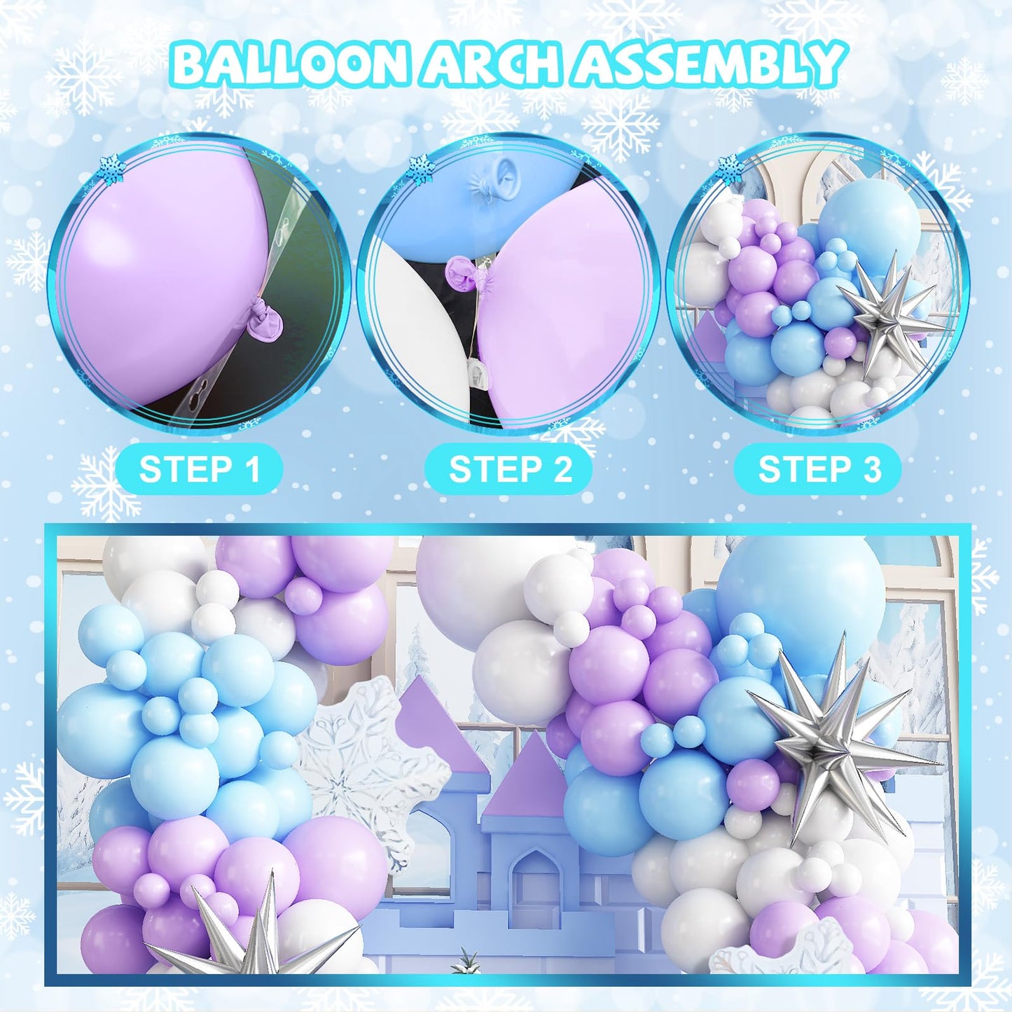 Winter Wonderland Balloon Arch Garland Kit, Baby Blue Purple Balloons with Spike Star Snowflake Foil Balloons for Ice Wonderland Christmas Baby Shower Snow Princess Birthday Party Decorations Supplies