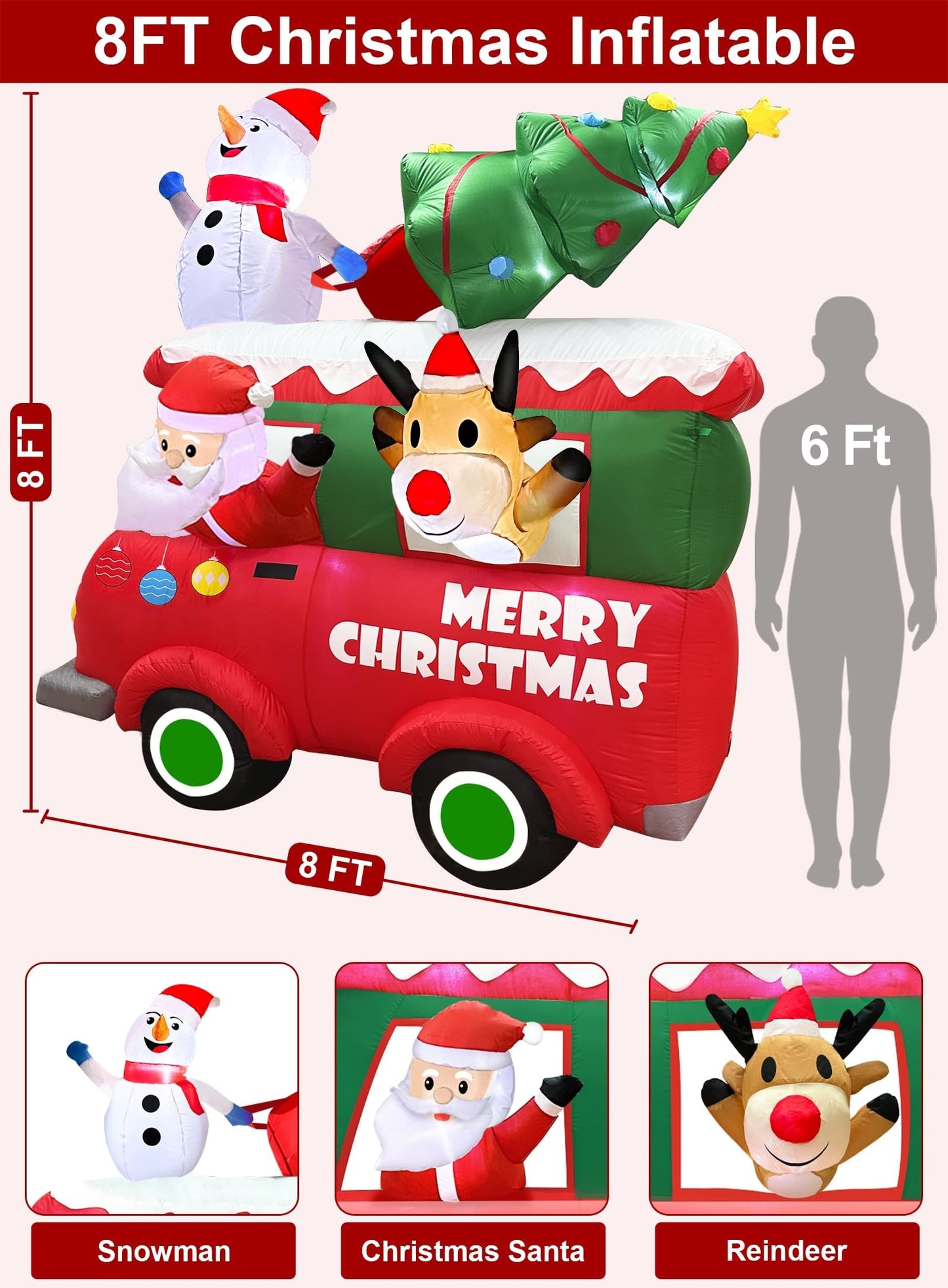 8 Ft Ht x 8 Ft L Giant Christmas Inflatables Outdoor Decorations, LED Lighted Santa Claus Inflatables Truck with Snowman and Reindeer, Christmas Tree Blow Up Yard for Holiday Outdoor Garden Lawn Decor