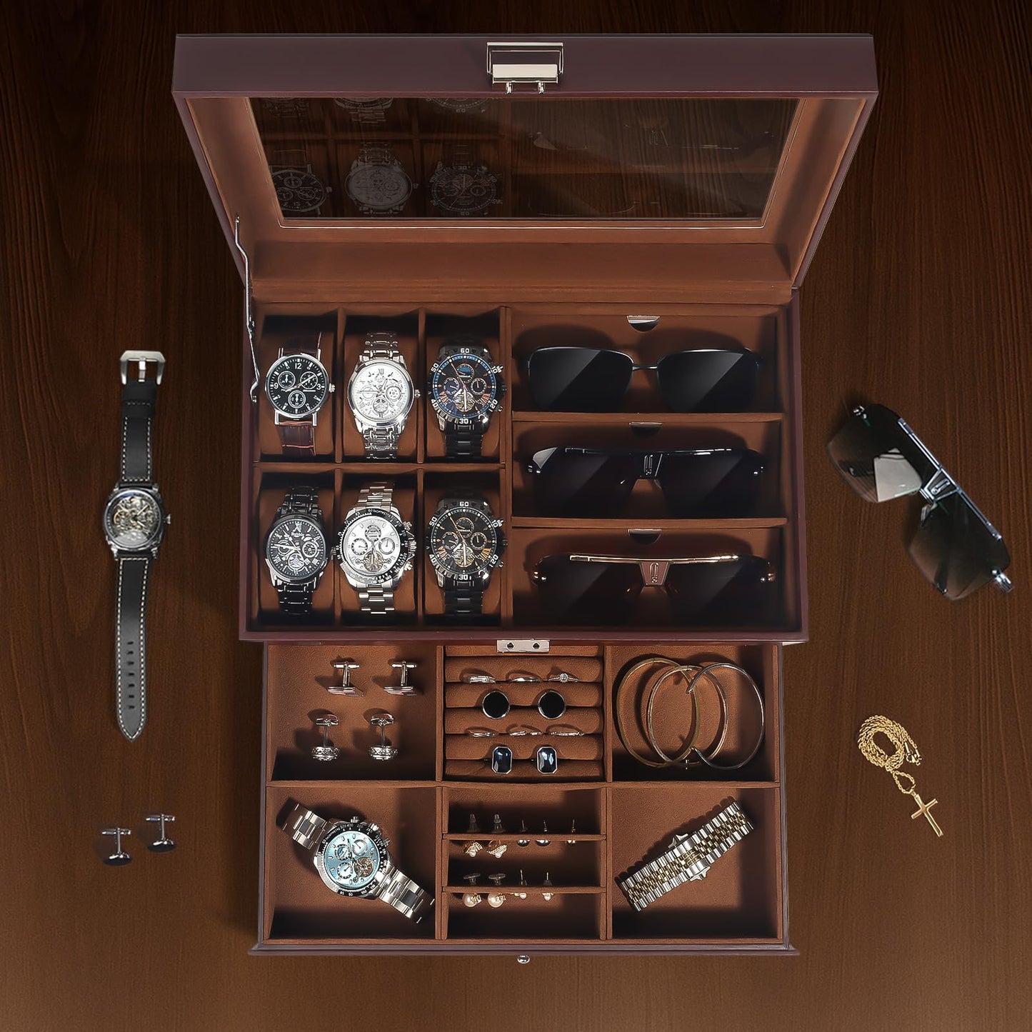 GLJ Jewelry Box for Men, 6 Slot Watch Box Jewelry Organizer With Drawer, Watch Case for Men with Large Window, 2-Layer Watch Holder, Sunglasses Storage Organizer, Velvet Lining, Fathers Day Gift