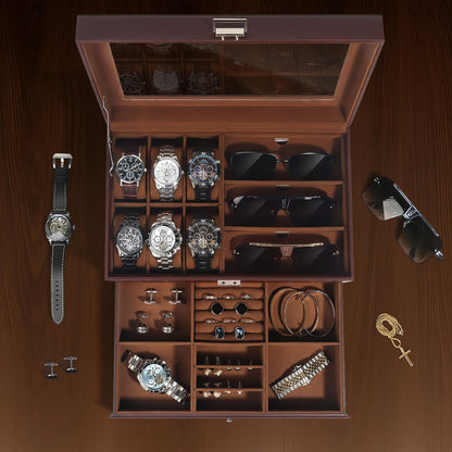 GLJ Jewelry Box for Men, 6 Slot Watch Box Jewelry Organizer With Drawer, Watch Case for Men with Large Window, 2-Layer Watch Holder, Sunglasses Storage Organizer, Velvet Lining, Fathers Day Gift