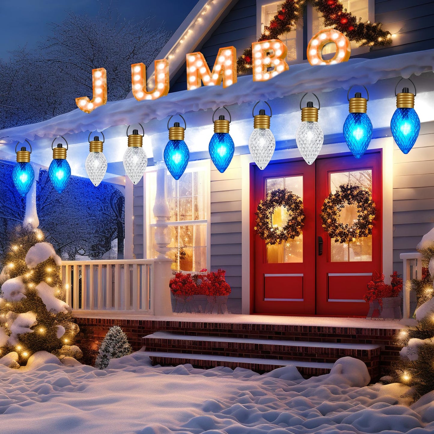 Brightown 2 Pack Jumbo Christmas Pathway Lights Outdoor - 10.5 Feet 5 LED C9 Walkway Light, Covered Jumbo Strawberry Bulb Decorations for Lawn Outside, Blue ＆ White