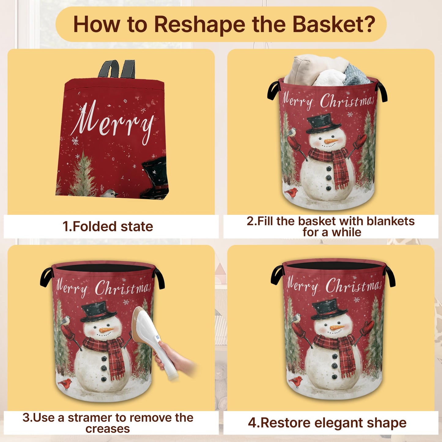 Snowman Bird Collapsible Laundry Basket,Merry Christmas Waterproof Oxford Cloth Hamper with Handles,Portable Storage Organizer for Laundry Room Bedroom