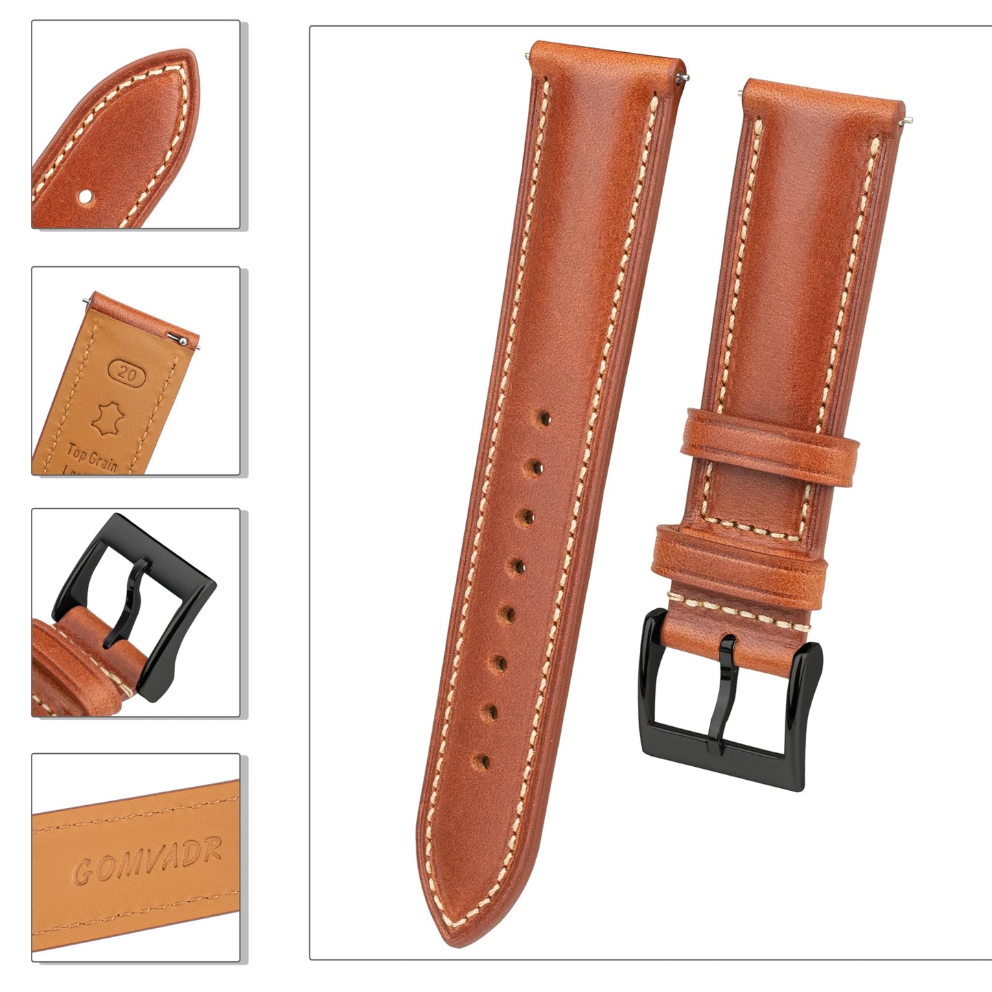 Gomvadr Vintage Genuine Top Grain Leather Watch Strap Quick Release, 18/19/20/21/22/24mm, Silver/Black Buckle, Universal Fit Unisex for Daily Wear (Brown with Black Buckle, 19mm)