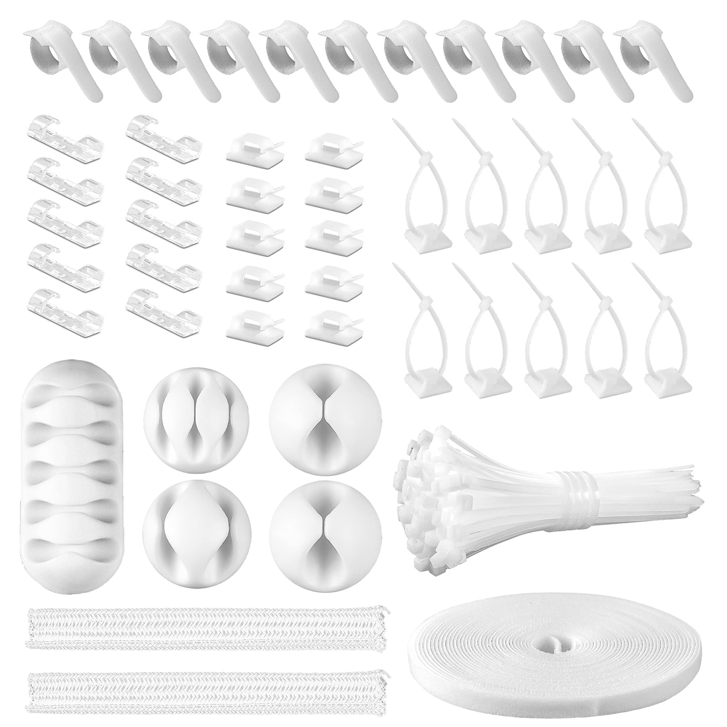 CHZHLI White Cable Management Organizer Kit, 2 Wire Sleeve Protector, 41 Self Adhesive Cable Clips Holder, 10pcs+2 Roll Reusable Cable Ties and 100 Cable Zip Ties for TV Computer Cord Tidy Under Desk