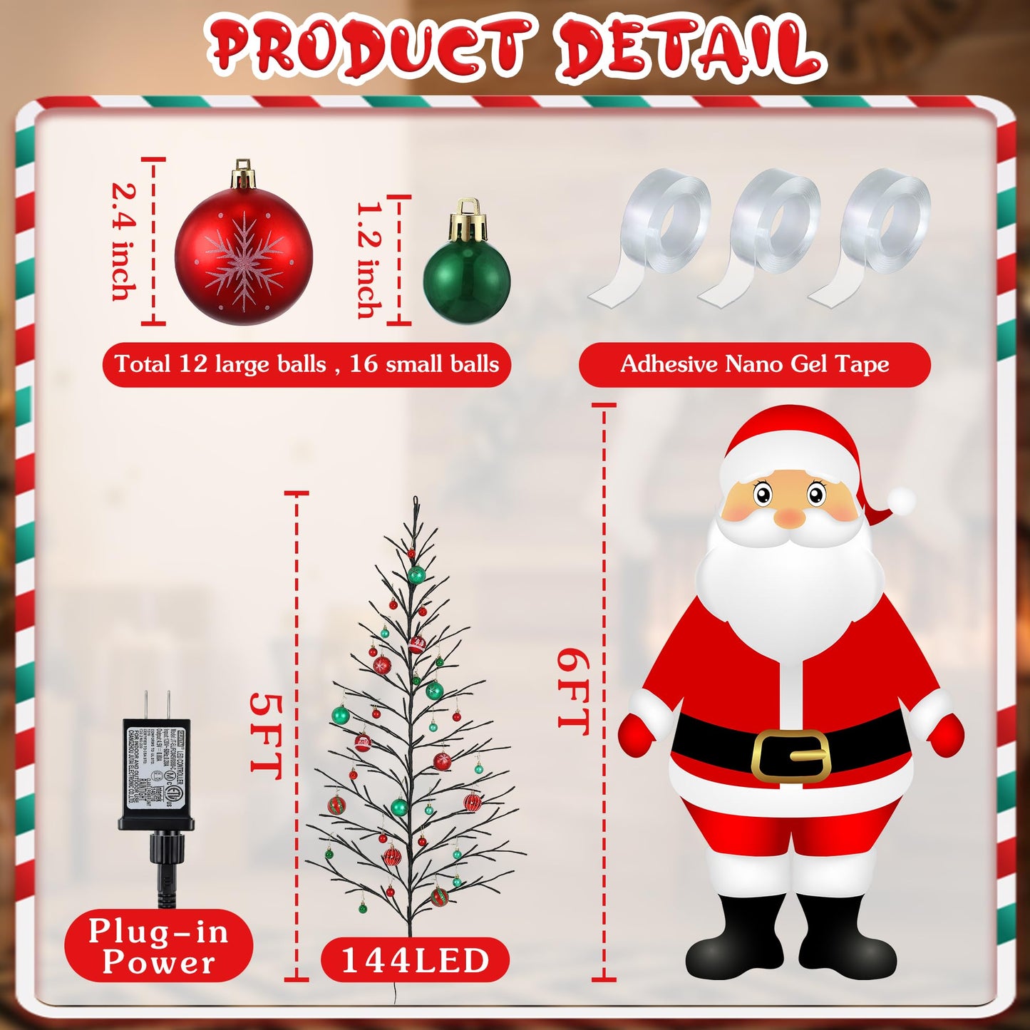 ElectricWise 5 FT 144 LED Lighted Wall Christmas Tree with Decorative Balls, 8 Light Modes Plug in Half Christmas Tree, Hanging Flat Mounted Trees for Holiday Apartment Room(Black, Red and Green)