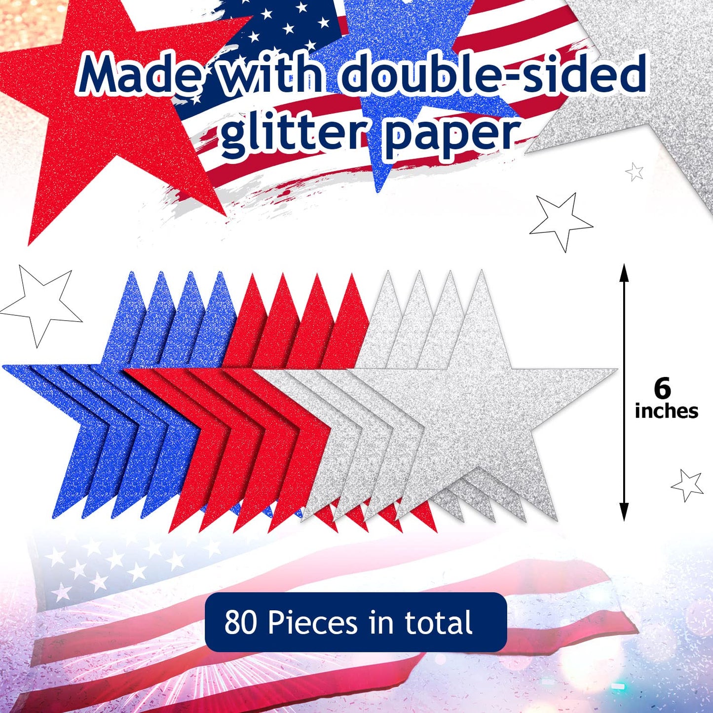 Gejoy 80 Pieces Red White Blue Glitter Stars Cutouts Patriotic 6 Inch Paper Star Decorations for 4th of July Independence Day Bulletin Board Classroom Decorations, Memorial Veterans Day Party Supplies