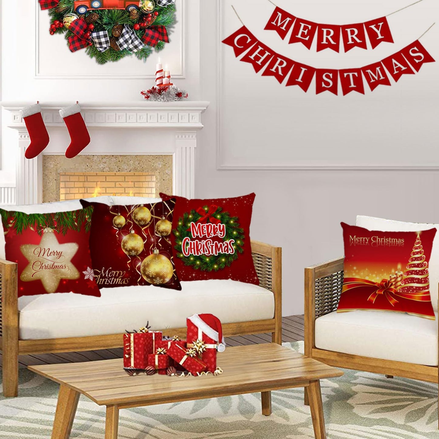 Set of 4 Christmas Pillow Covers 18x18 Inch Xmas Pillow Cases Velvet Throw Pillow Covers Red Gold Winter Holiday Cushion Covers Outdoor Couch Sofa Home Decorations for New Year
