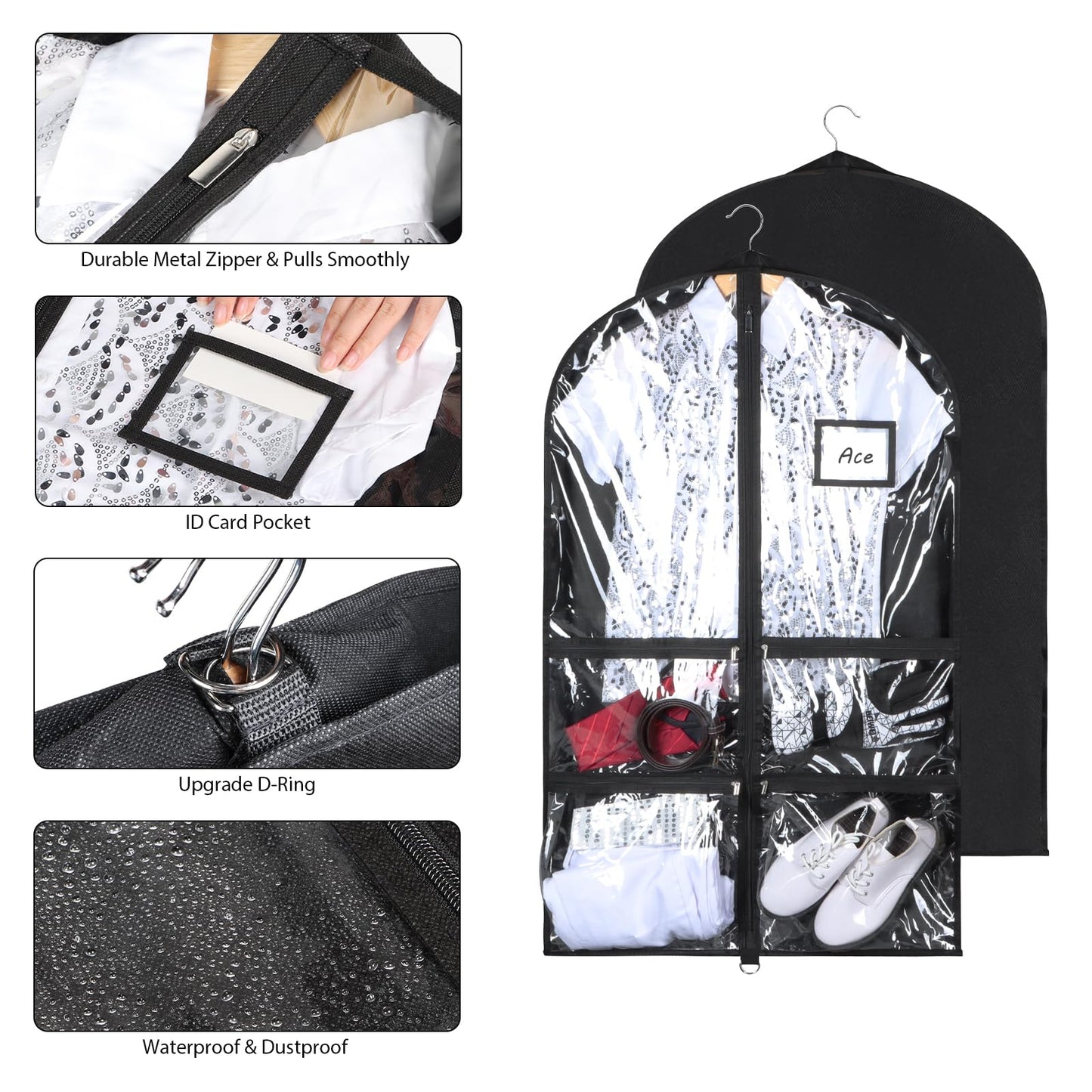 Syeeiex 3" Gusseted Clear Dance Costume Garment Bag(5 Pack), 40'' Dance Garment Bags for Dancers with 4 Zipper Pockets & Can Hold 1-3 Dance Costumes - Suitable for Dance Competitions, Ballet(Black)