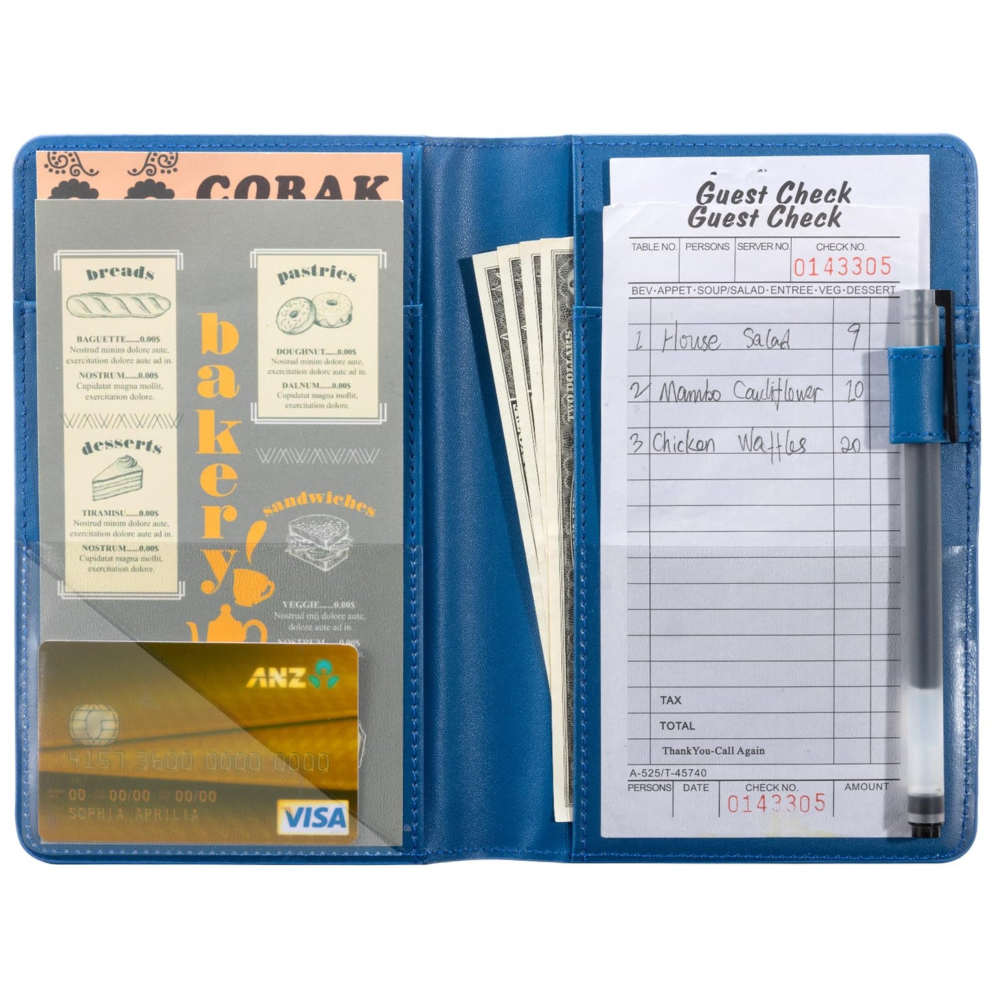 CoBak Server Book – Compact Organizer with Clear and Money Pockets, Pen Holder, Fits Apron Perfectly, Leather Waitress Book