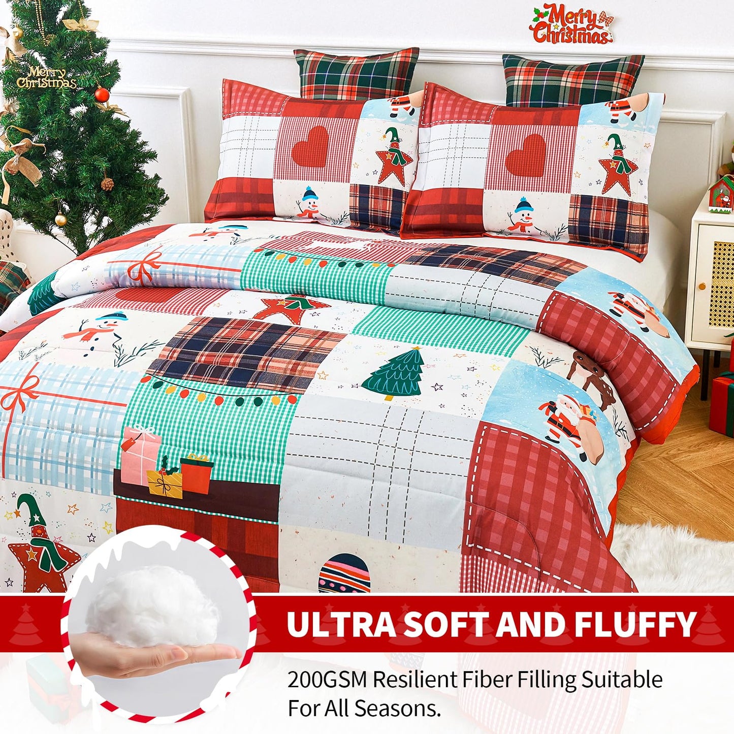 YIYEA Christmas Full Size Comforter Sets for Girls Boys, Cute Kids Comforter with 2 Pillowcase, Ultra Soft Brushed Microfiber Christmas Bedding Comforter Sets, Suit for All Season, Machine Washable