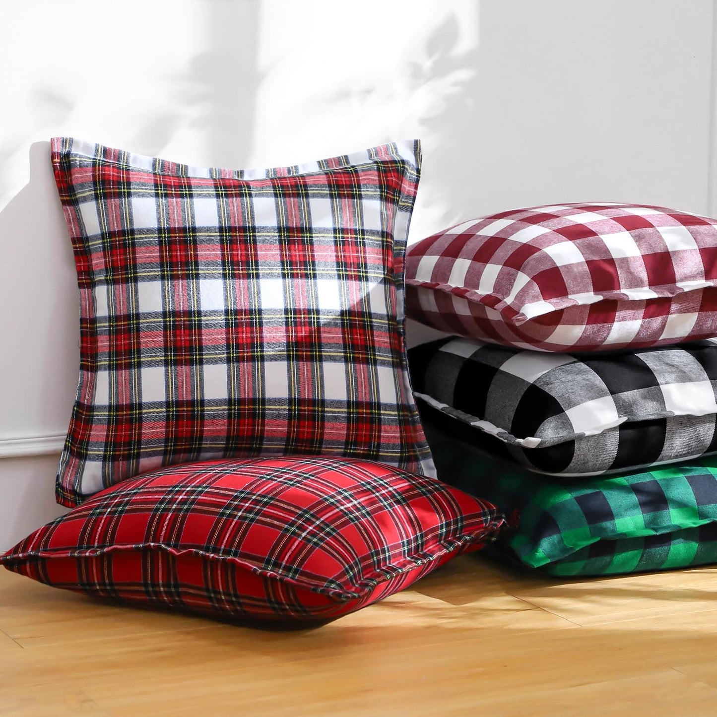 OTOSTAR Pack of 2 Christmas Scottish Plaid Throw Pillow Covers Decorative Check Tartan Lumbar Pillow Covers with Stitched Edge for Sofa Couch Bed Farmhouse Home Decor 12x20 Inches, Red