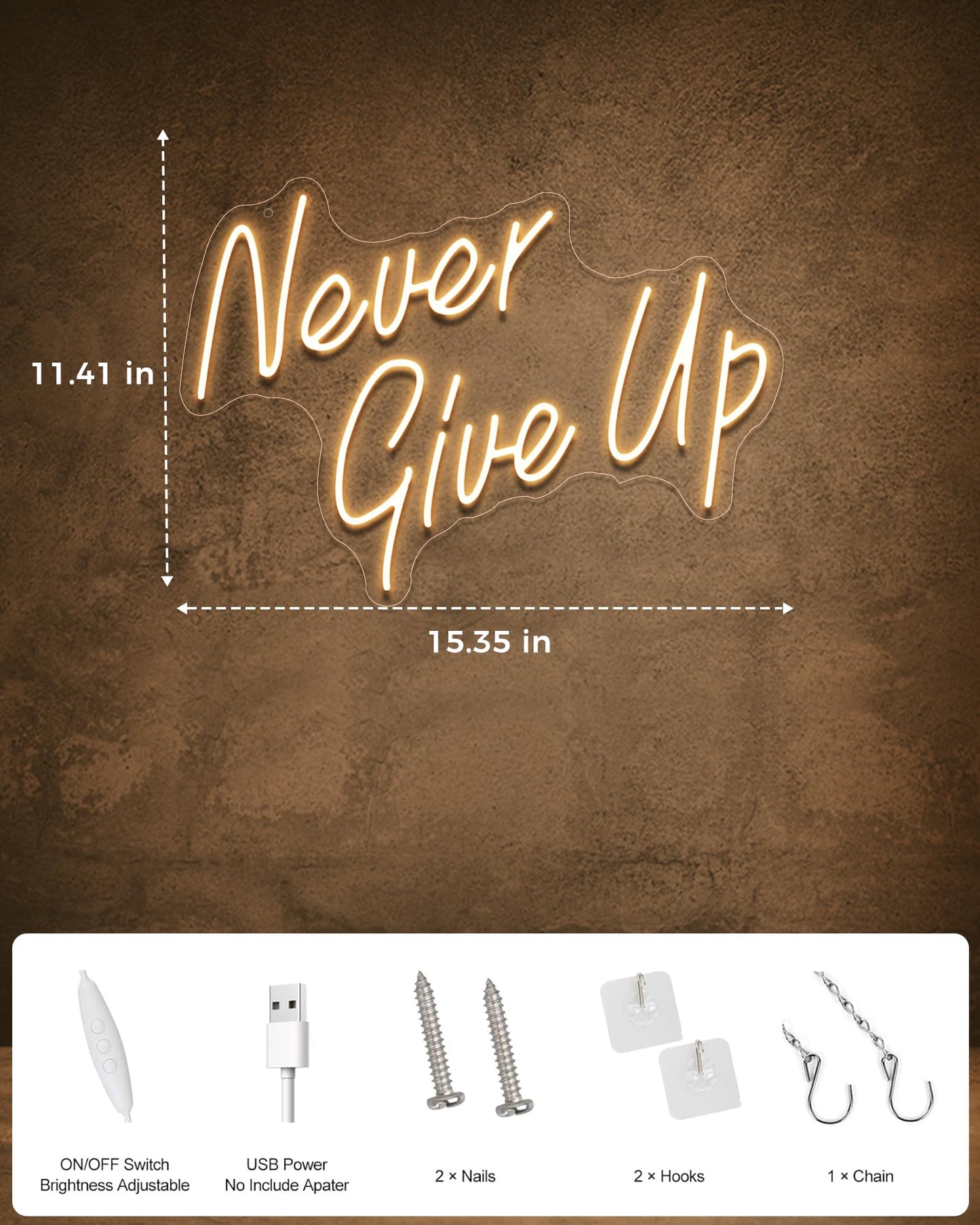 YIKBIK NEVER GIVE UP LED Neon Sign for Wall Decor,Neon Lights Party Decorations, USB Powered Switch Neon Lights lighting adjustable for Office Room, Gym Room, Man Cave, Gamer Room