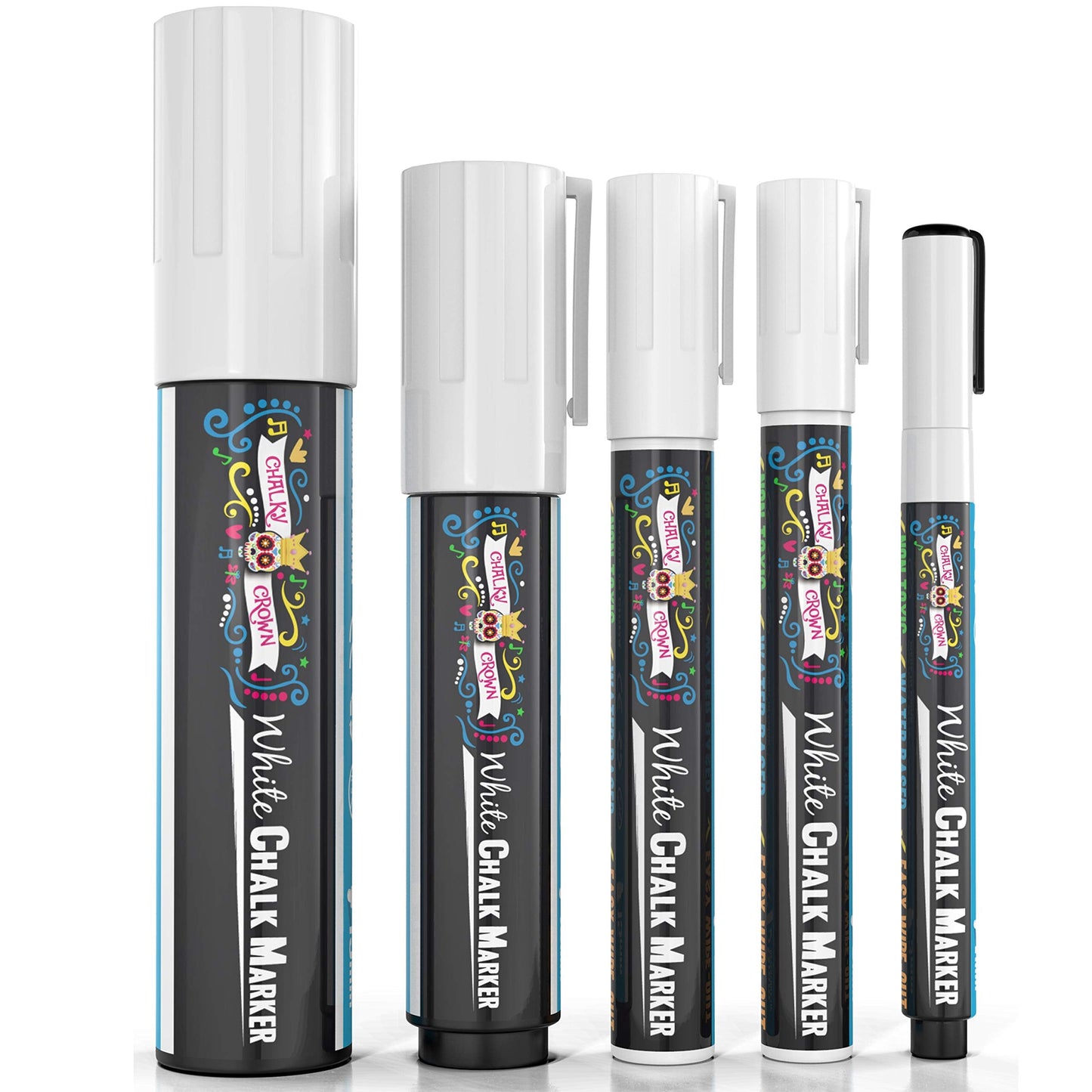 CHALKY CROWN 5pc White Chalk Markers - Non-Toxic Liquid Chalkboard Markers, White Liquid Chalk Marker for Windows, Glass - 1, 3, 6, 10, 15mm Tips