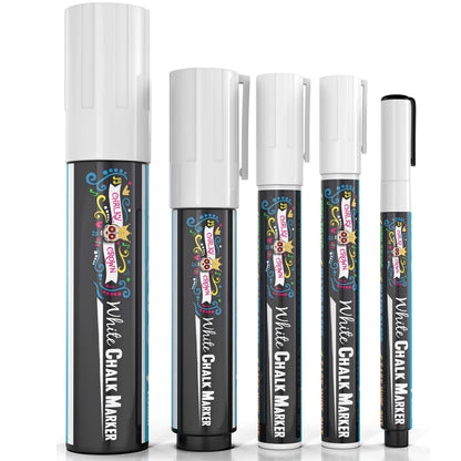 CHALKY CROWN 5pc White Chalk Markers - Non-Toxic Liquid Chalkboard Markers, White Liquid Chalk Marker for Windows, Glass - 1, 3, 6, 10, 15mm Tips
