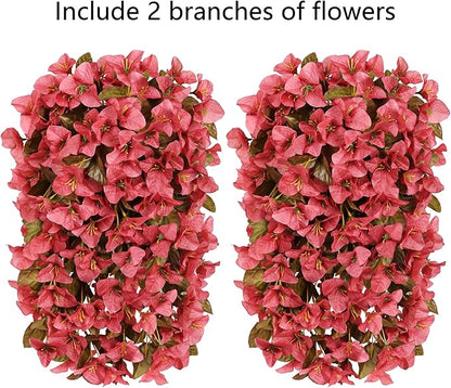 HyeFlora Bougainvillea Artificial Hanging Flowers Plants for Outdoors Winter Decoration, 2pcs Faux Bougainvillea Vines Red Fake Flowers Realistic UV Resistant Silk Flowers for Outside Planter Yard Urn