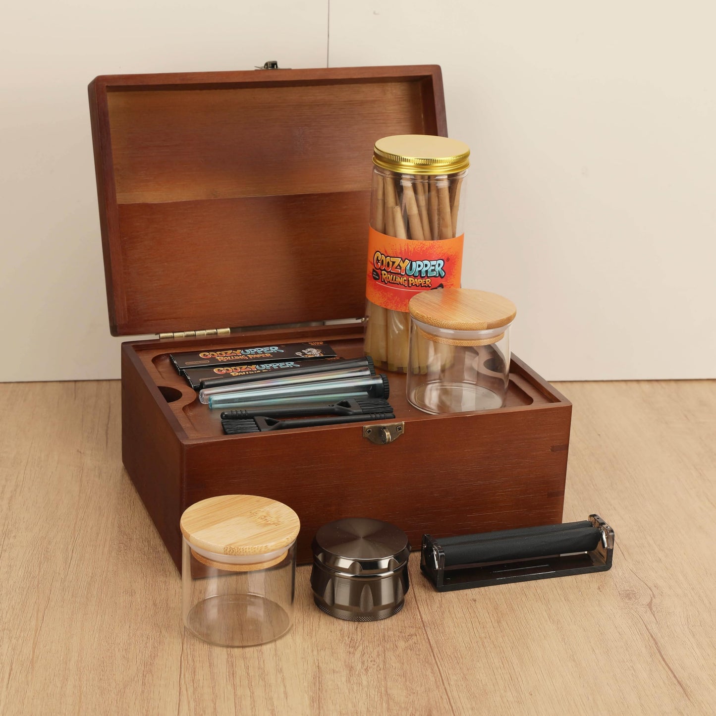 Coozyupper Large Bamboo Storage Box with Removable Tray Kit - Decorative Box Set, Glass Jars, and Accessories Wooden Storage Kit and Accessories Tool.Birthday Gifts