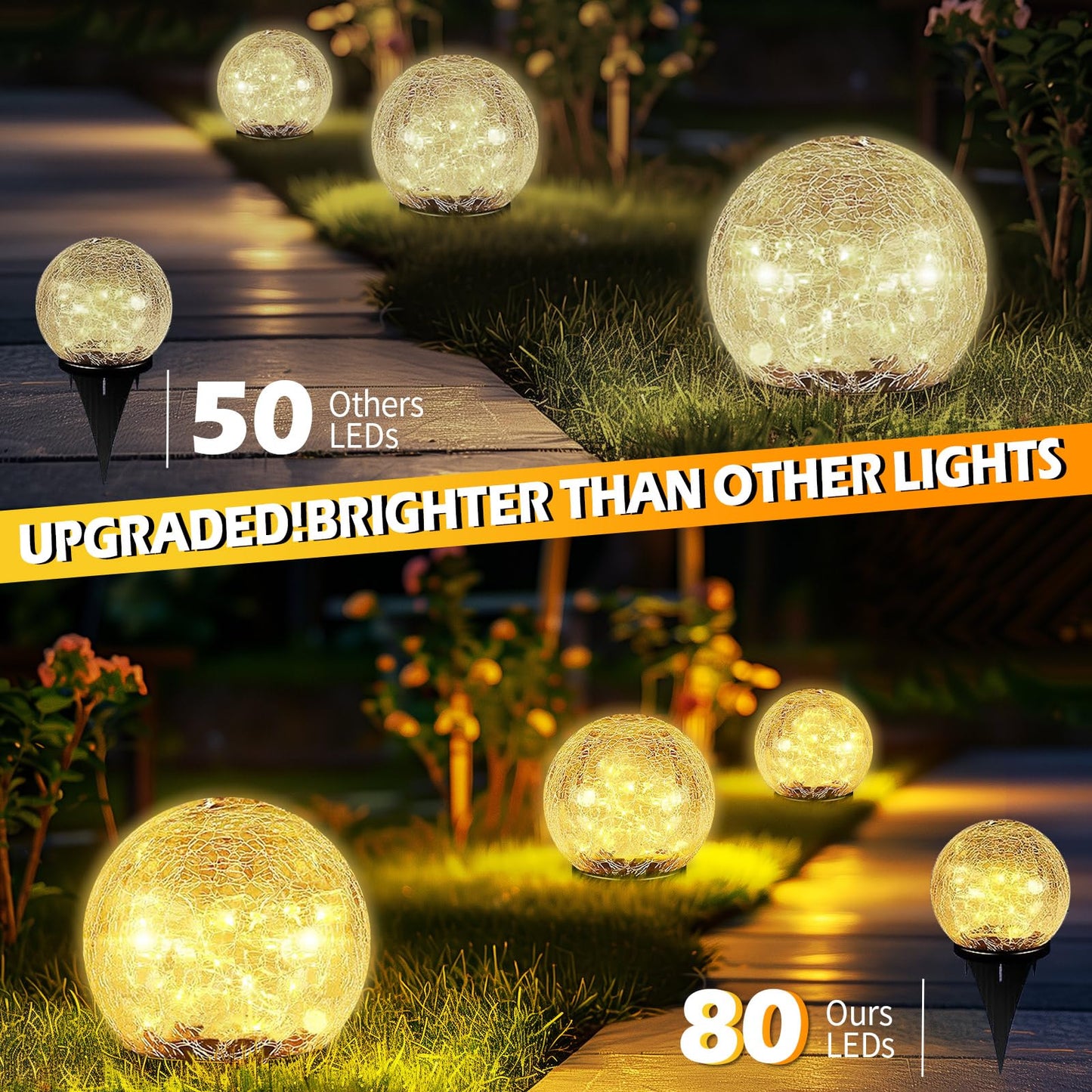 Coroor Garden Solar Ball Lights Outdoor Waterproof, 80 LED Cracked Glass Globe Solar Power Ground Lights for Path Yard Patio Lawn, Halloween Christmas Decoration Landscape Warm White(2 Pack 5.9'')